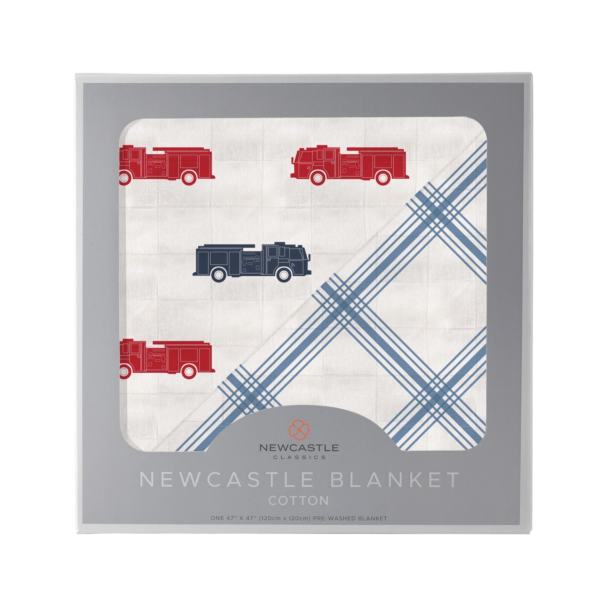 Blue and Red Fire Trucks and Buffalo Check Plaid Newcastle Blanket