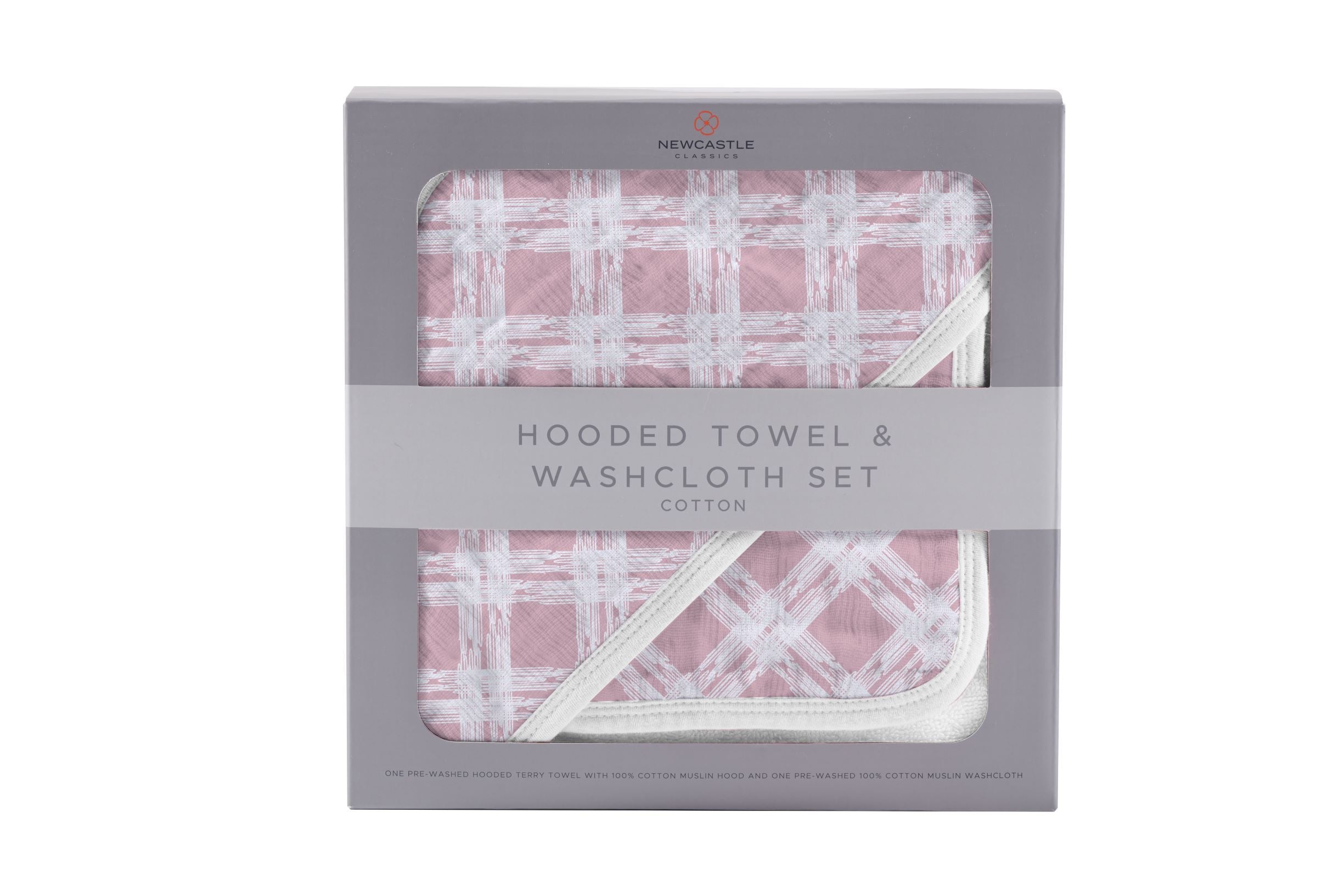 Pink Plaid Cotton Hooded Towel and Washcloth Set