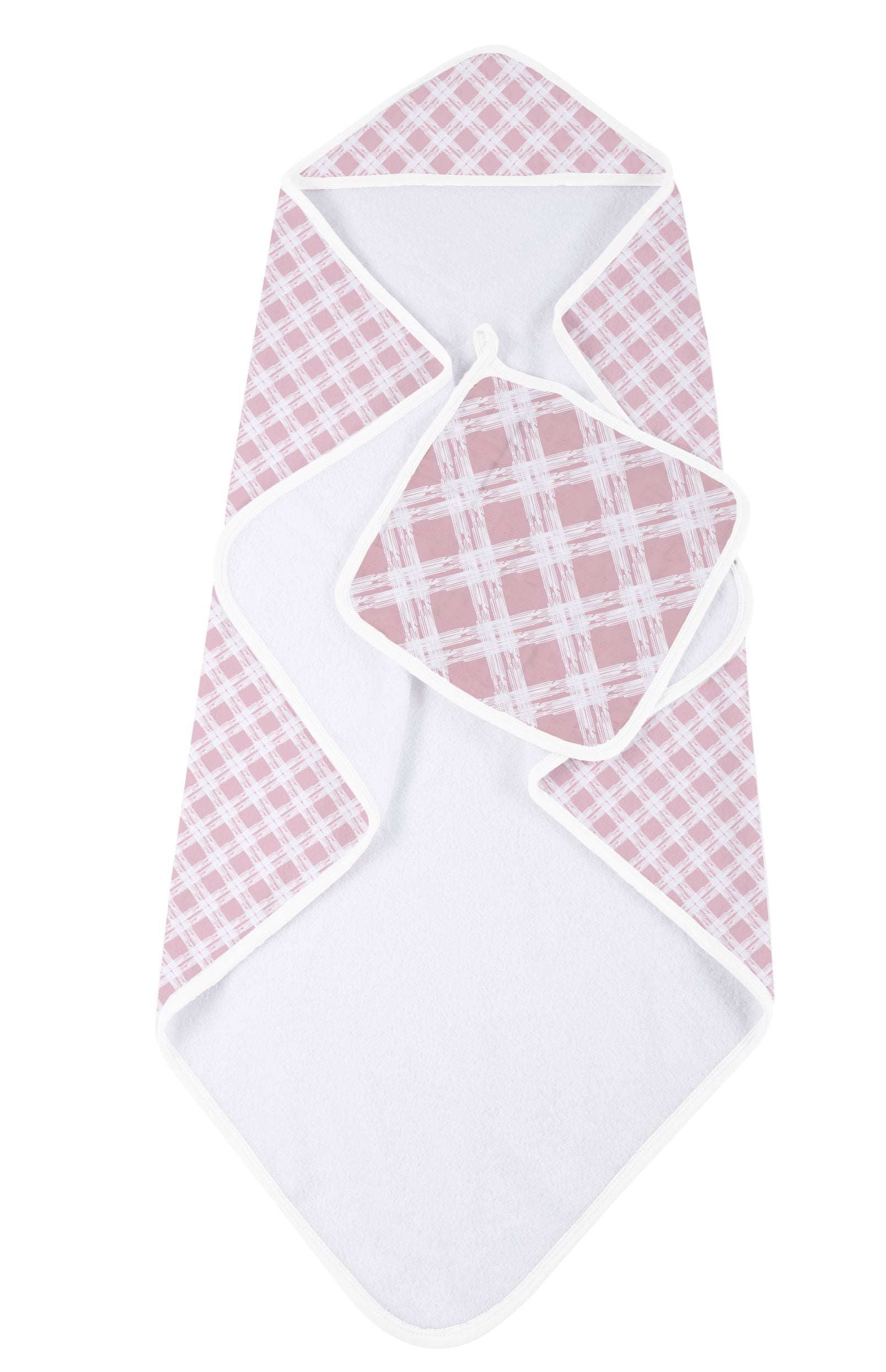 Pink Plaid Cotton Hooded Towel and Washcloth Set