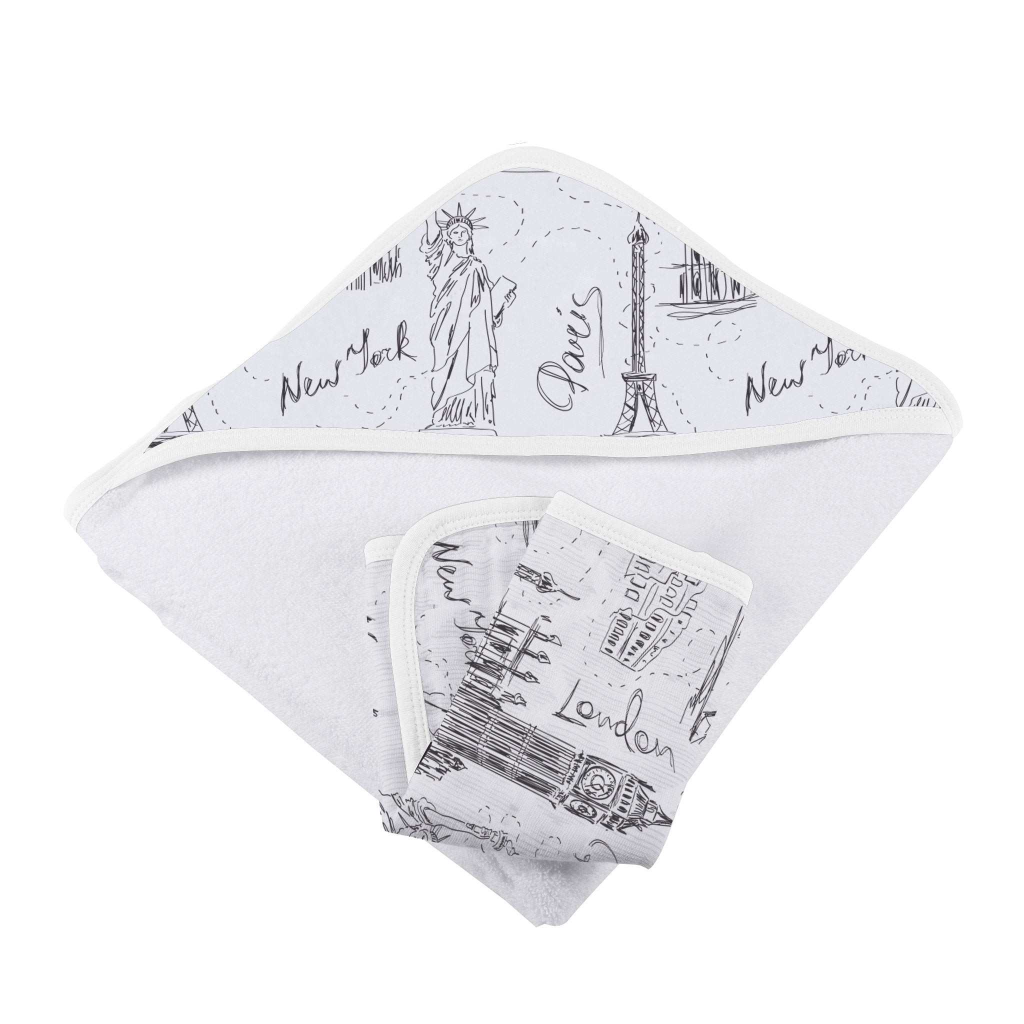 London, Paris, New York Hooded Towel and Washcloth Set