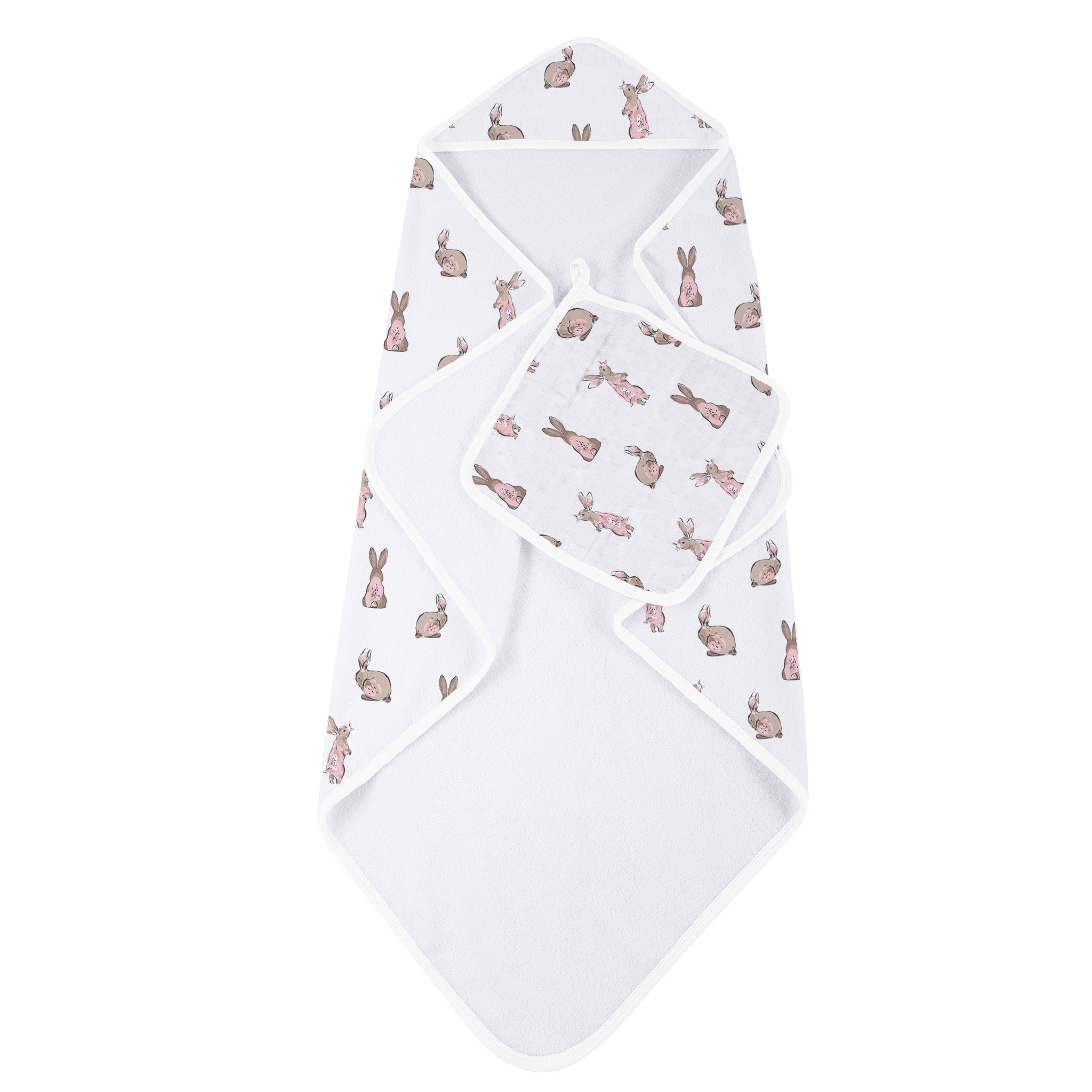 Powder Pink Bunnies Bamboo Hooded Towel and Washcloth Set