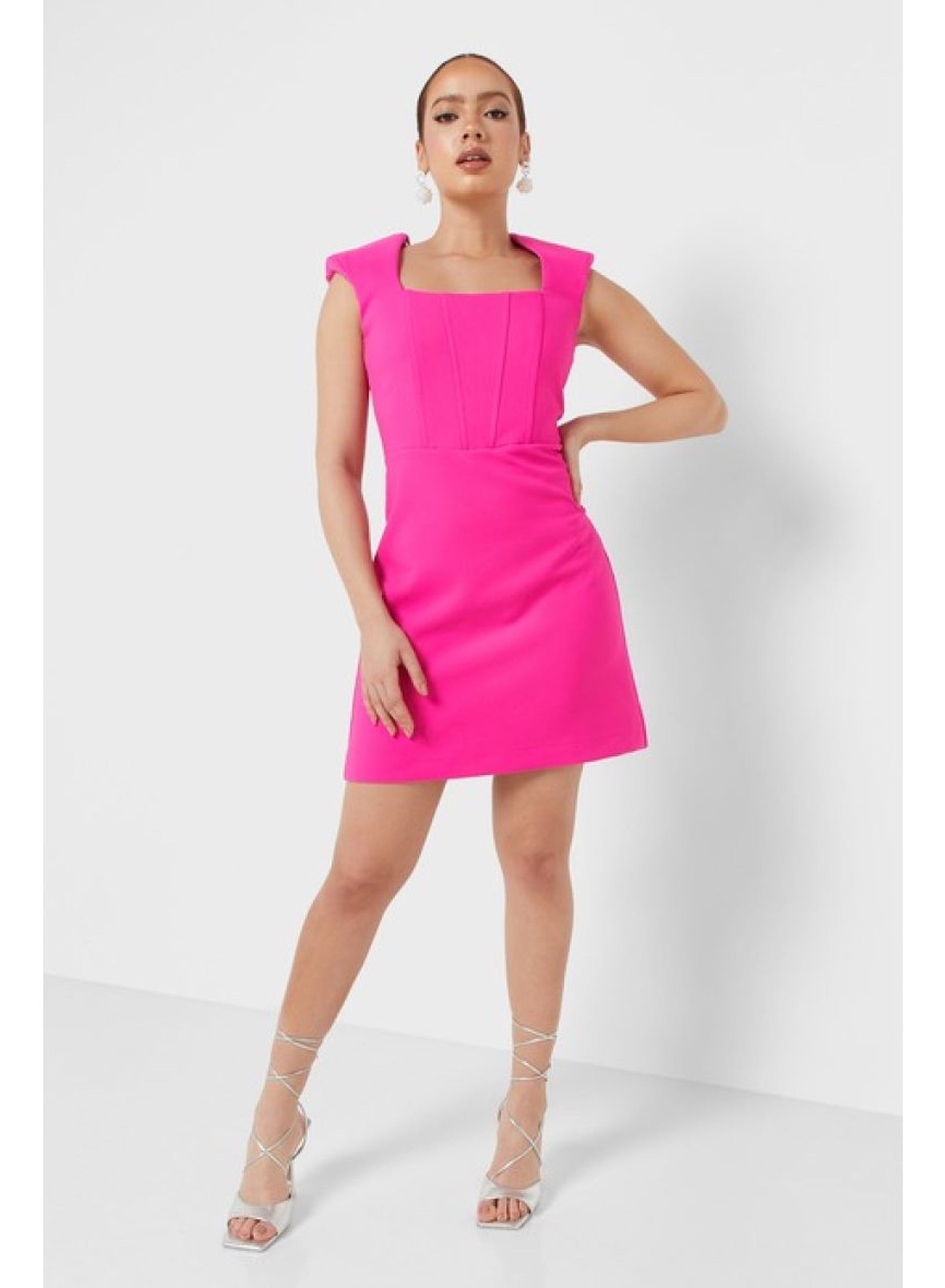 Shoulder Pad Square Neck Dress - Pink