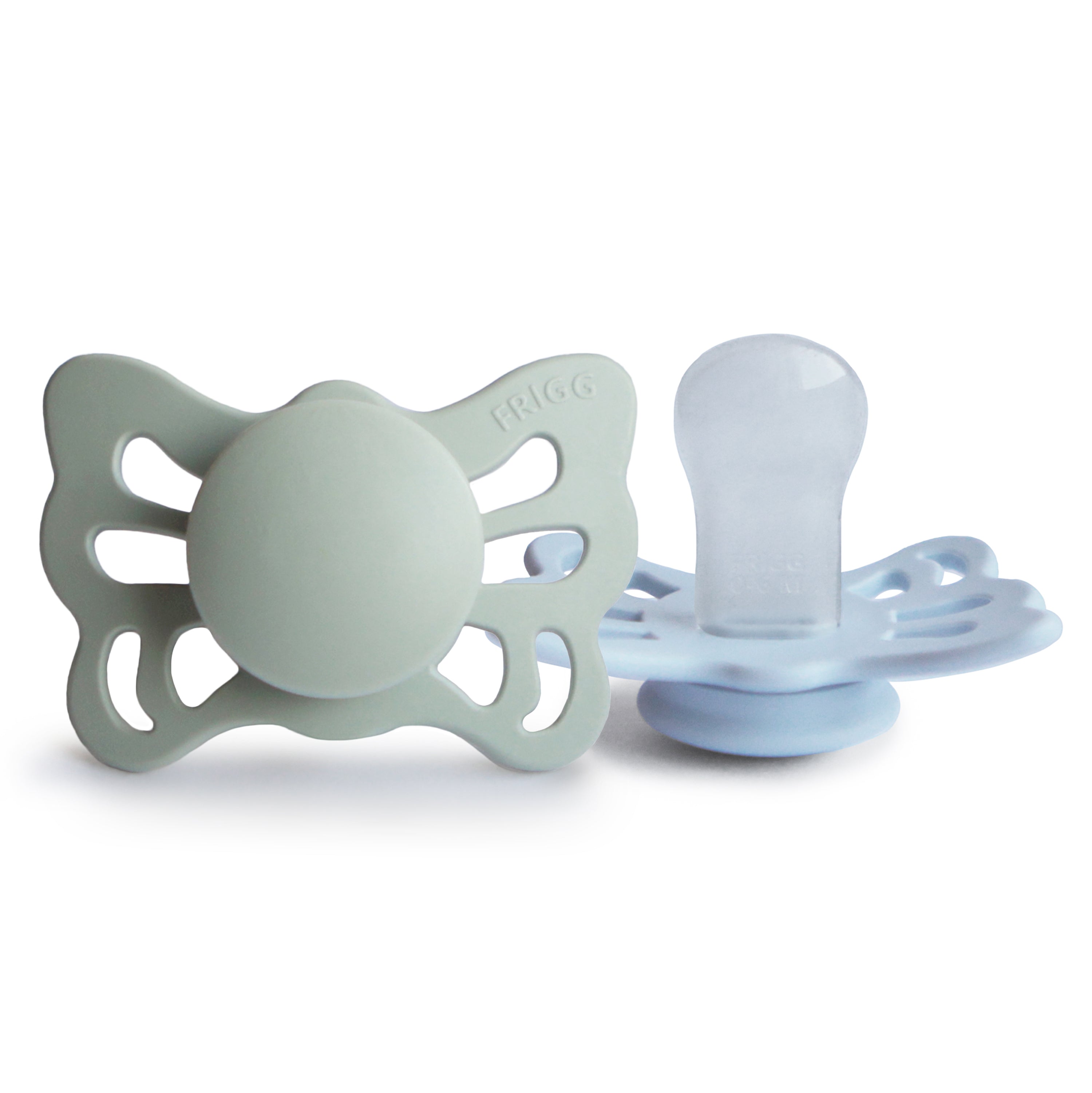 FRIGG Butterfly Anatomical Silicone Pacifier 2-Pack (0-6 Months) FRIGG PACIFIERS Mushie Sage/Powder Blue  