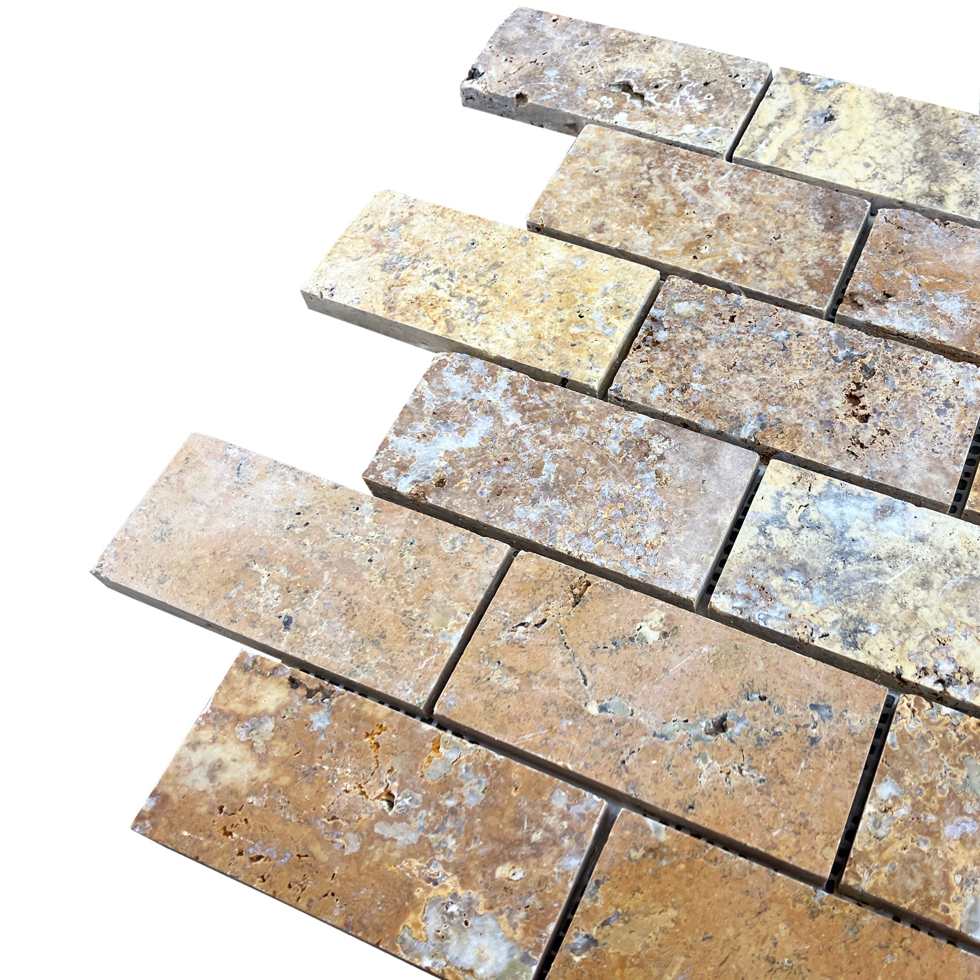Scabos Travertine 2"x4" Brick Honed on 12" x 12" Mesh Mosaic Tile - Belair Collection