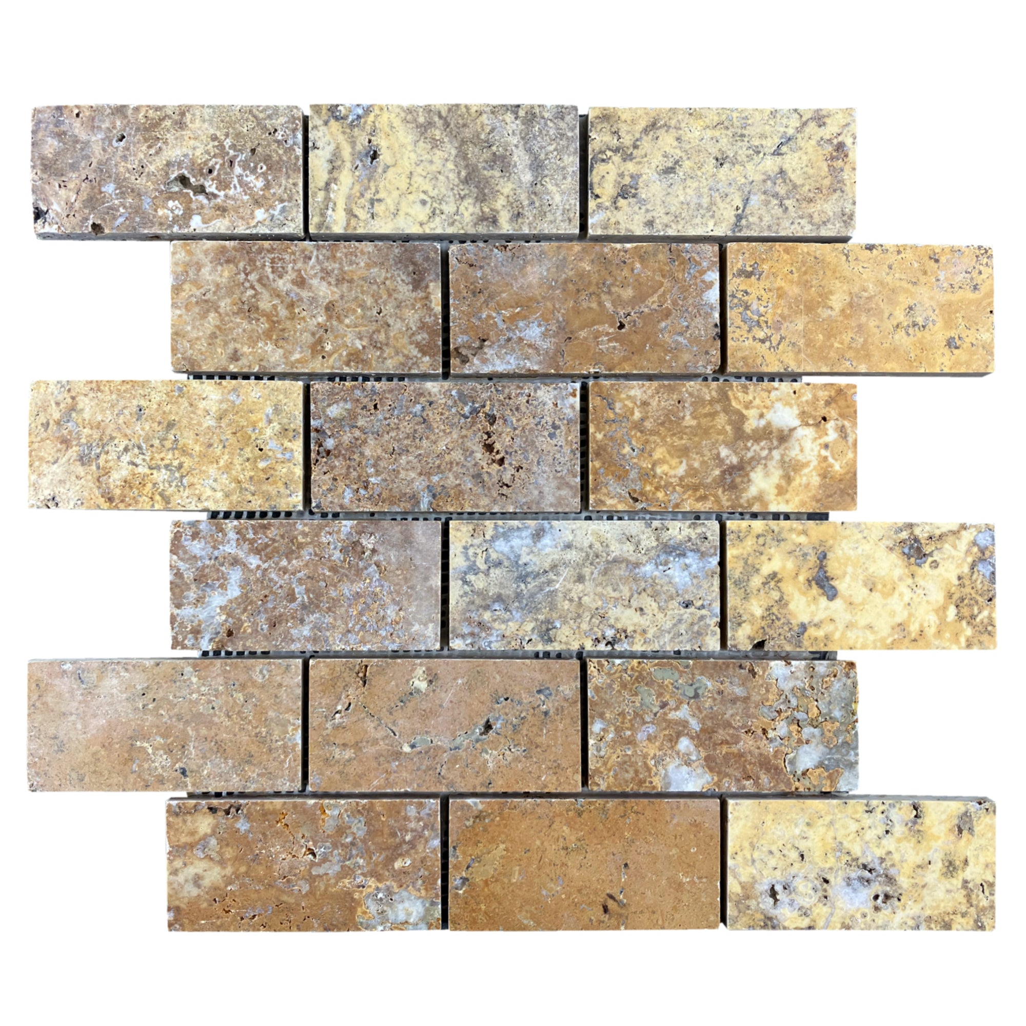 Scabos Travertine 2"x4" Brick Honed on 12" x 12" Mesh Mosaic Tile - Belair Collection