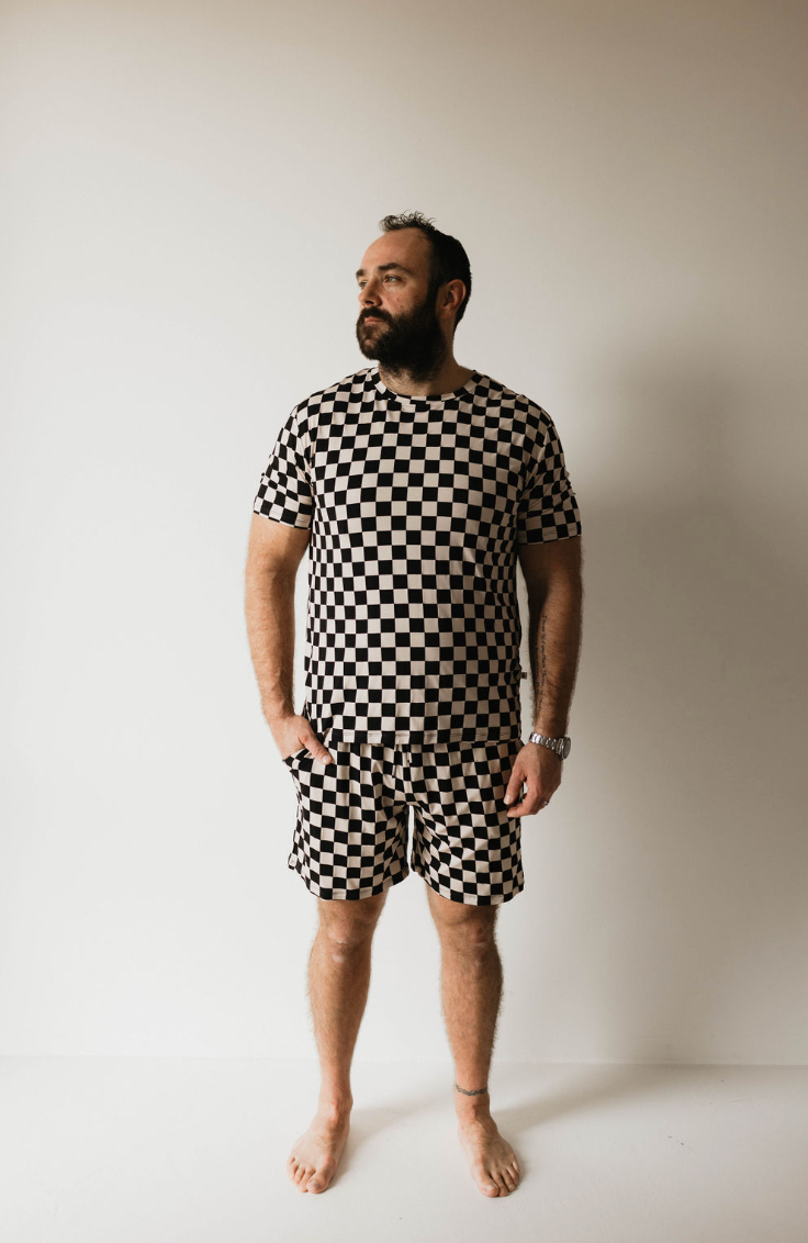 Adult Bamboo Short Pajamas | Black Checkerboard Clothing forever french baby Small  