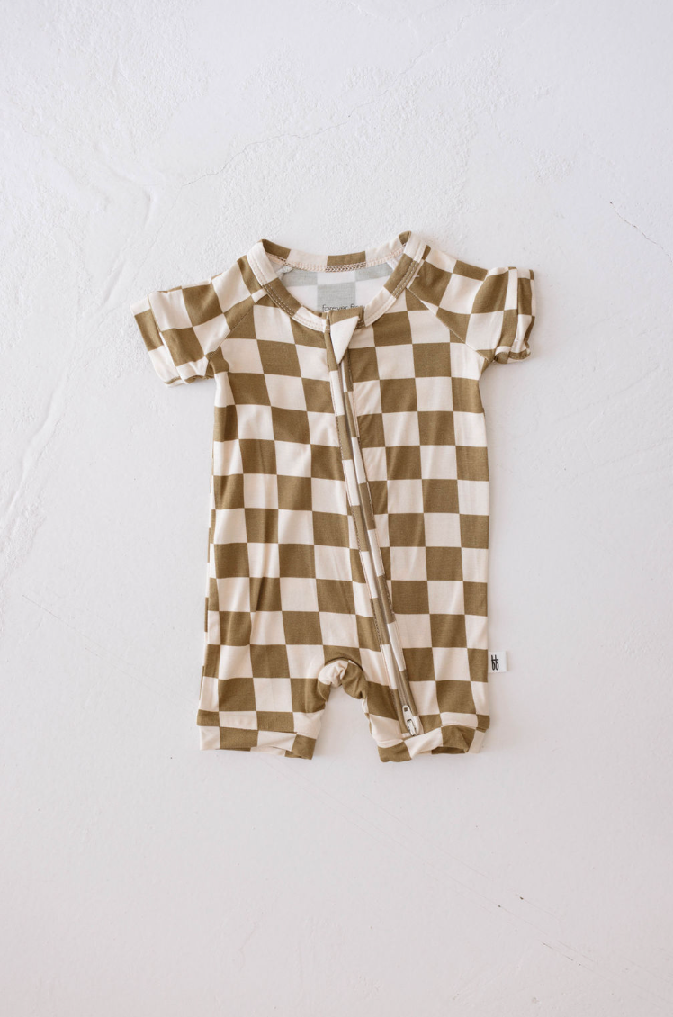 Shortie Bamboo Zip | Olive Checkerboard