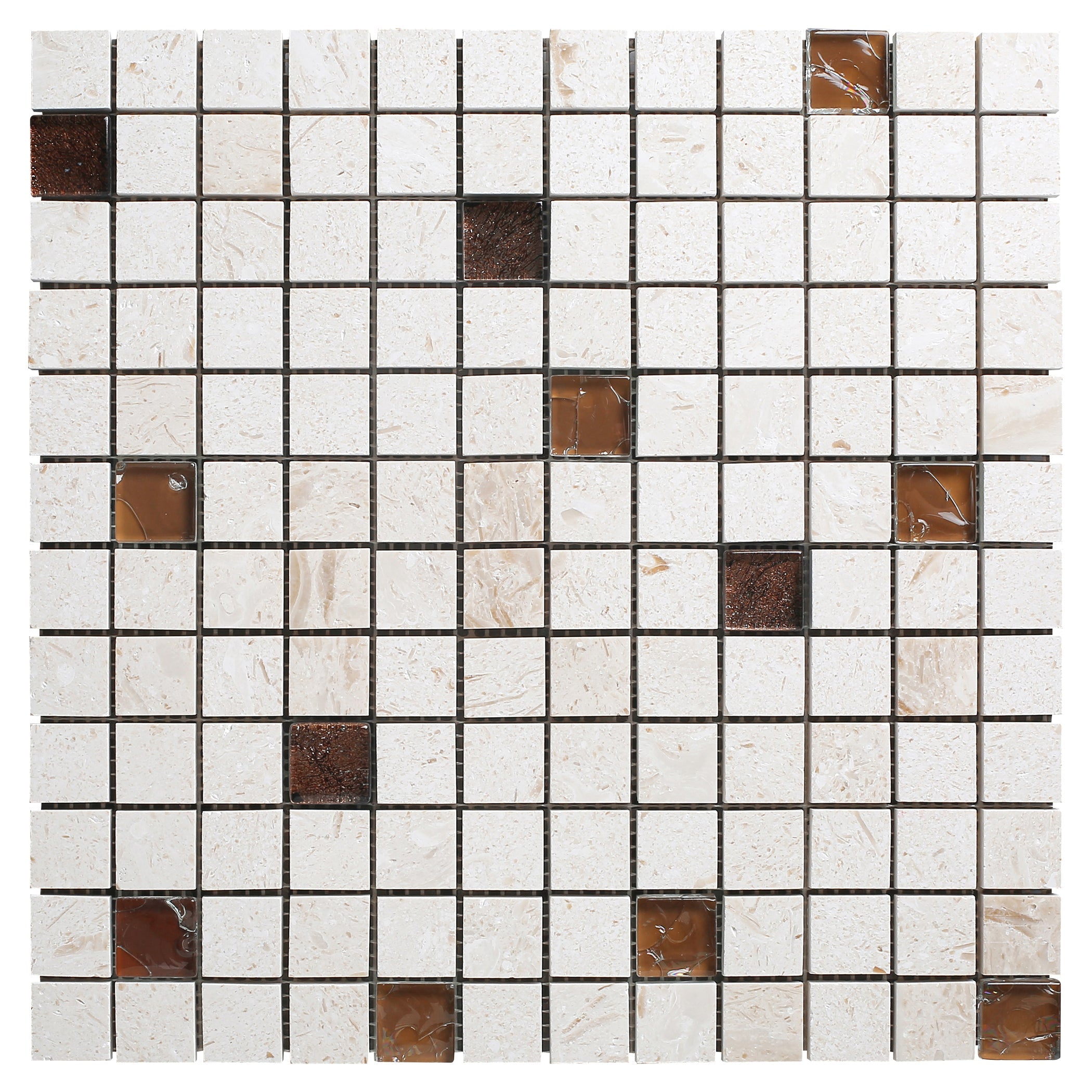Shell Stone Limestone and Brown Glass Mix 1"x1" on 12" x 12" Mesh Mosaic Tile - Belair Collection