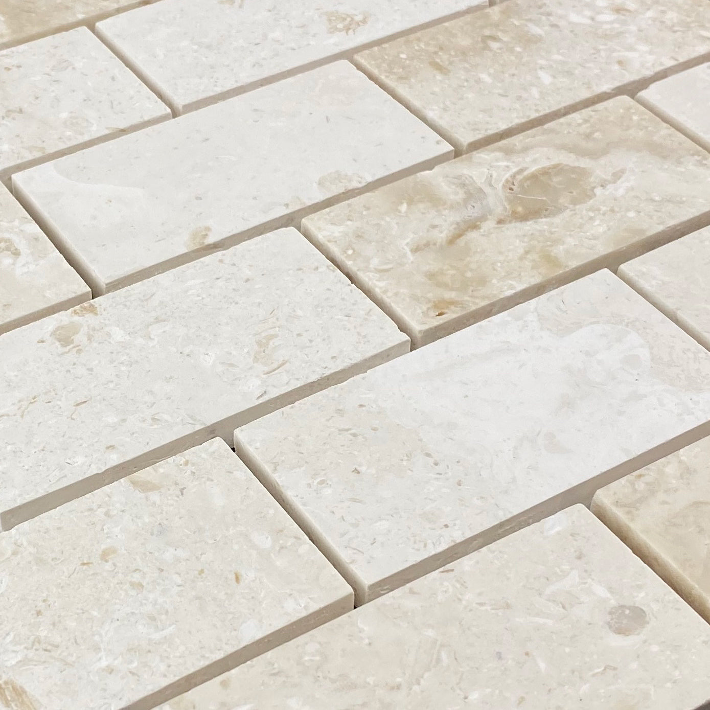 Shell Stone Limestone 2"x4" Brick Honed on 12" x 12" Mesh Mosaic Tile - Belair Collection