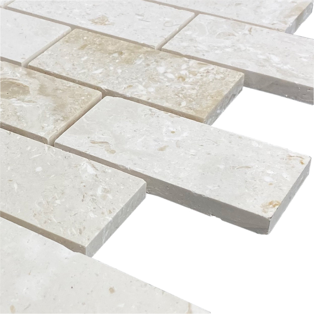 Shell Stone Limestone 2"x4" Brick Honed on 12" x 12" Mesh Mosaic Tile - Belair Collection