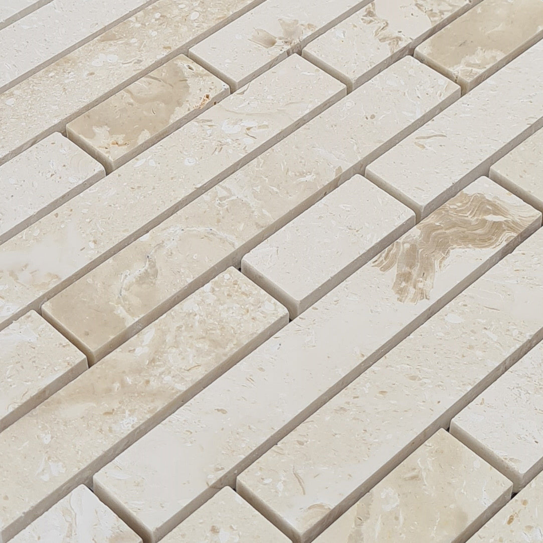 Shell Stone Limestone Strip Liner on 12" x 12" Mesh Mosaic Tile - Belair Collection