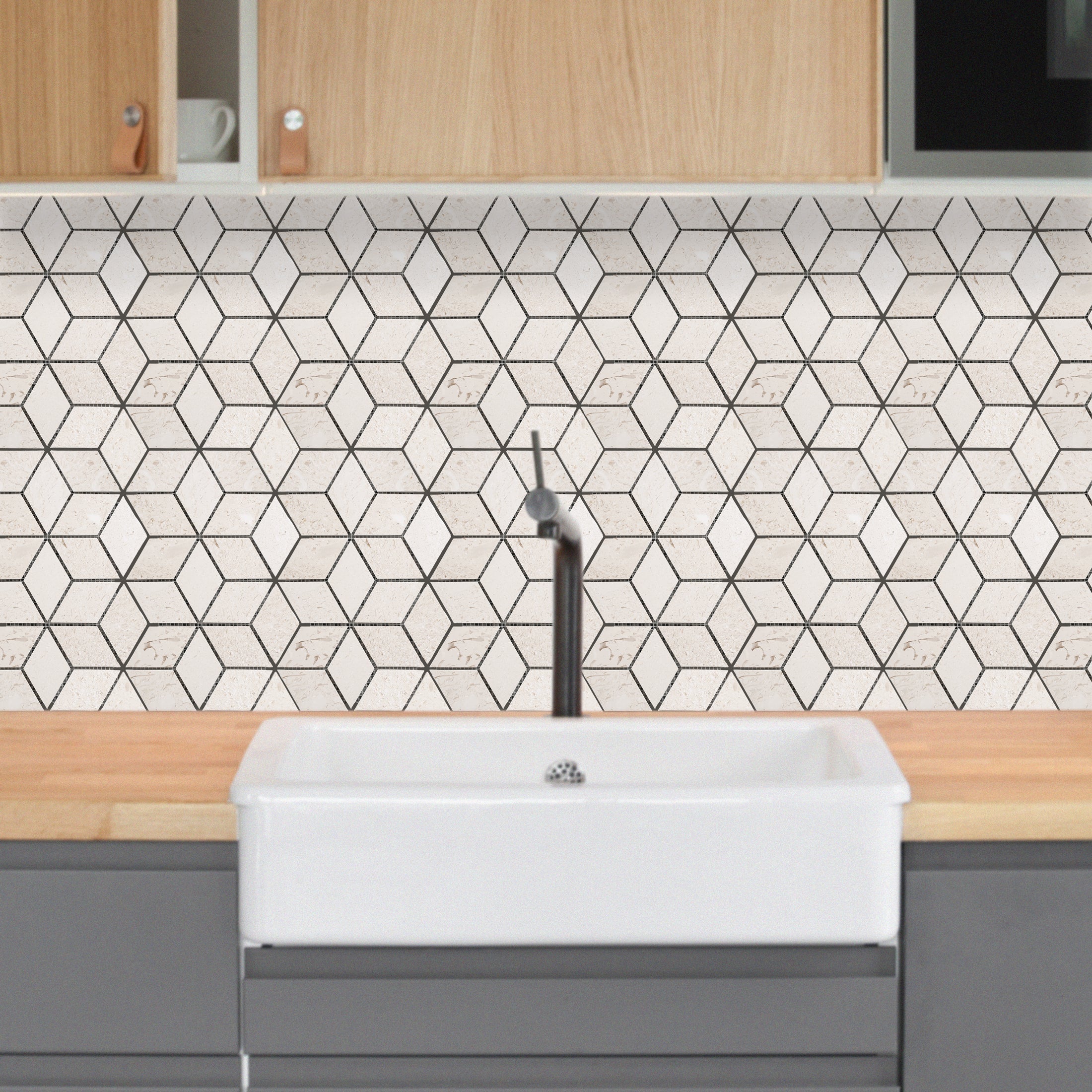 Shell Stone Limestone Rhombus Design on 8" x 12" Mesh Mosaic Tile - Belair Collection