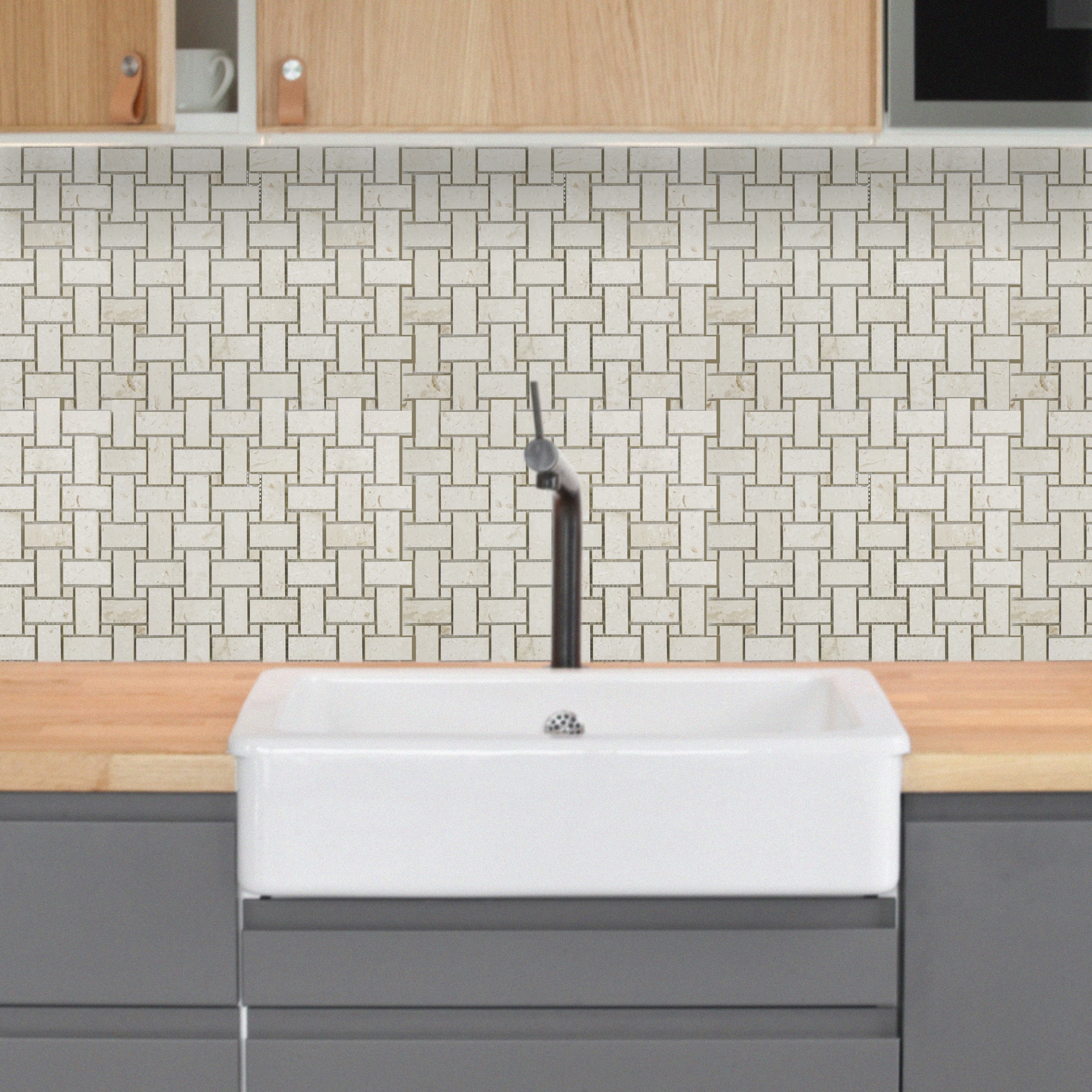 Shell Stone Limestone Basketweave Design on 12" x 12" Mesh Mosaic Tile - Belair Collection