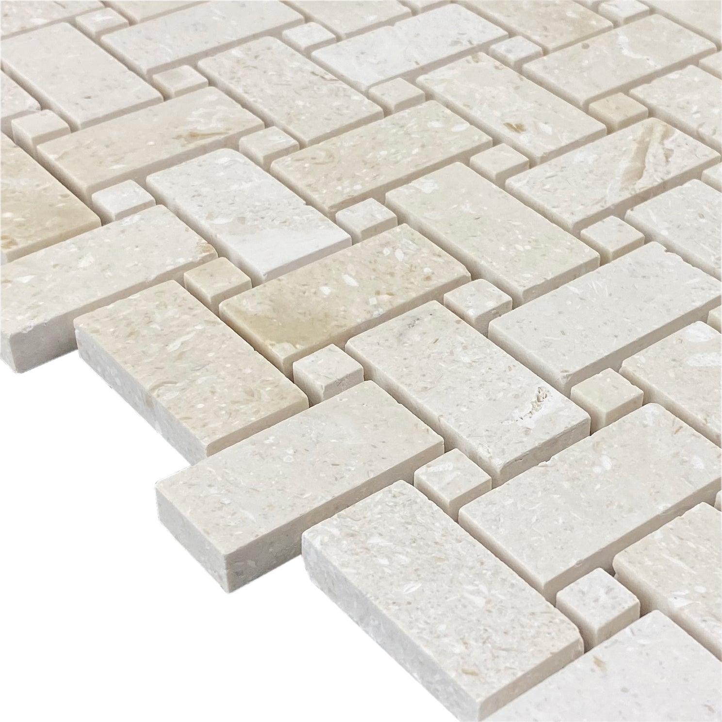 Shell Stone Limestone Basketweave Design on 12" x 12" Mesh Mosaic Tile - Belair Collection