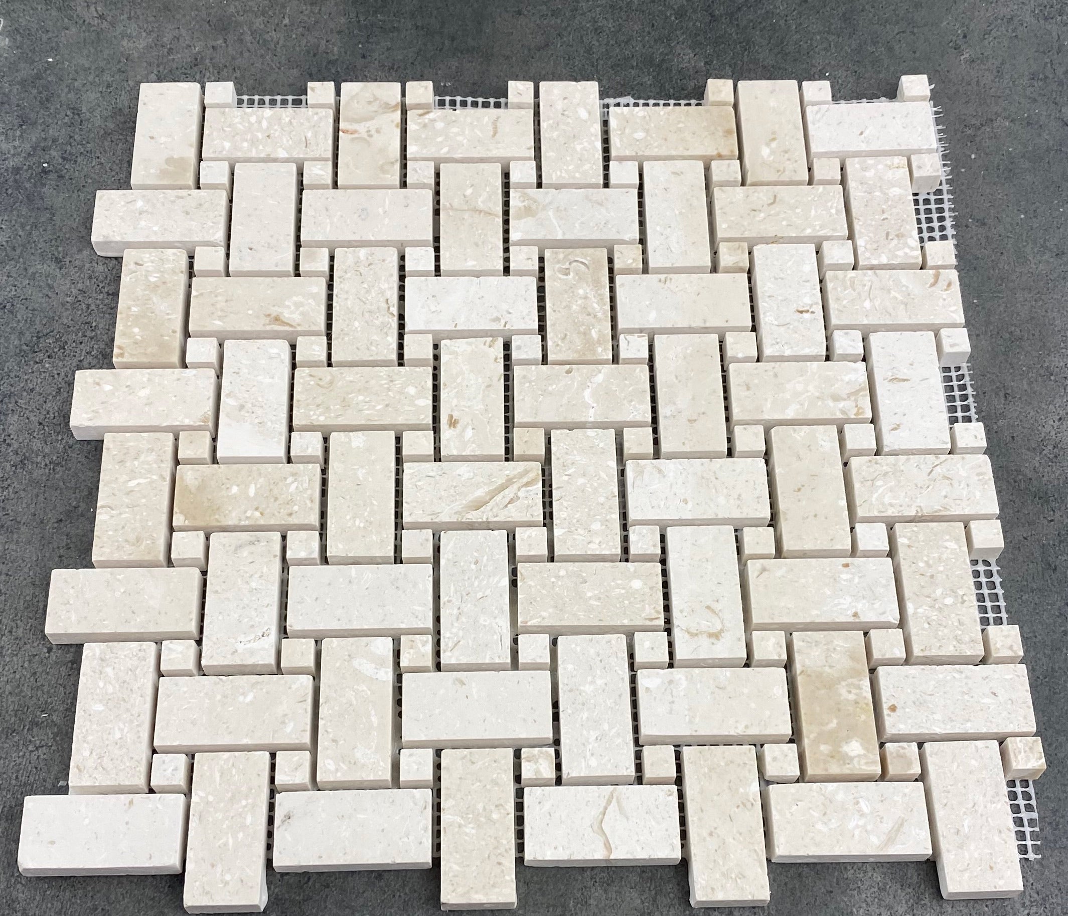 Shell Stone Limestone Basketweave Design on 12" x 12" Mesh Mosaic Tile - Belair Collection