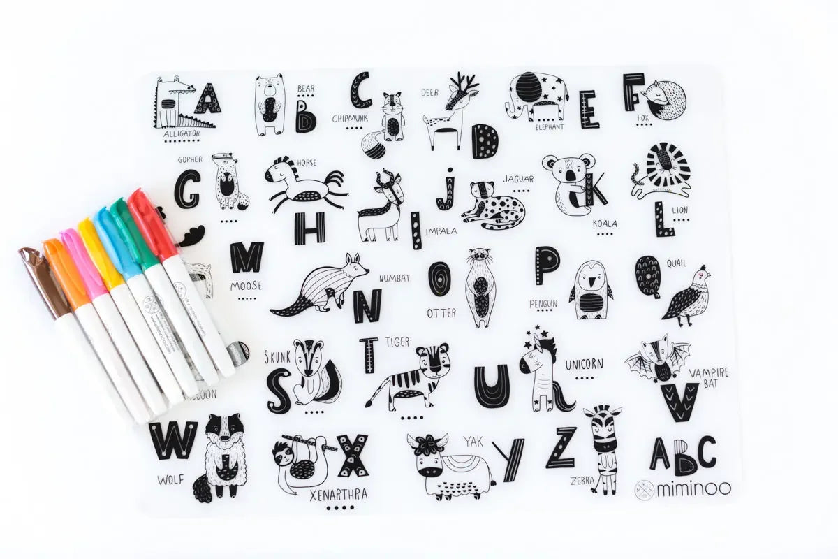 Silicone Reusable Coloring Mat & Markers Set - ABC Animals