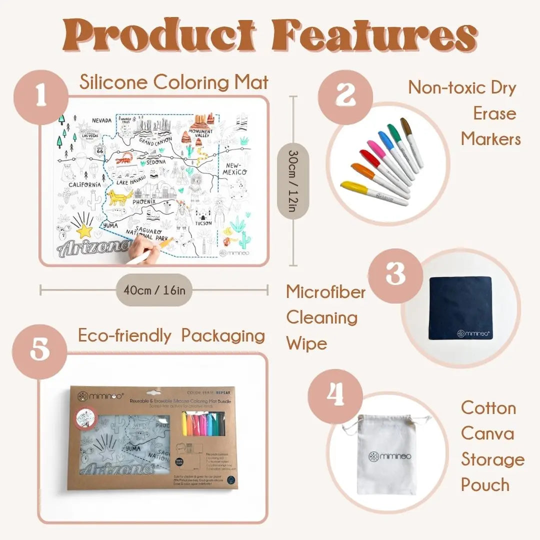 Silicone Reusable Coloring Mat & Markers Set - Arizona