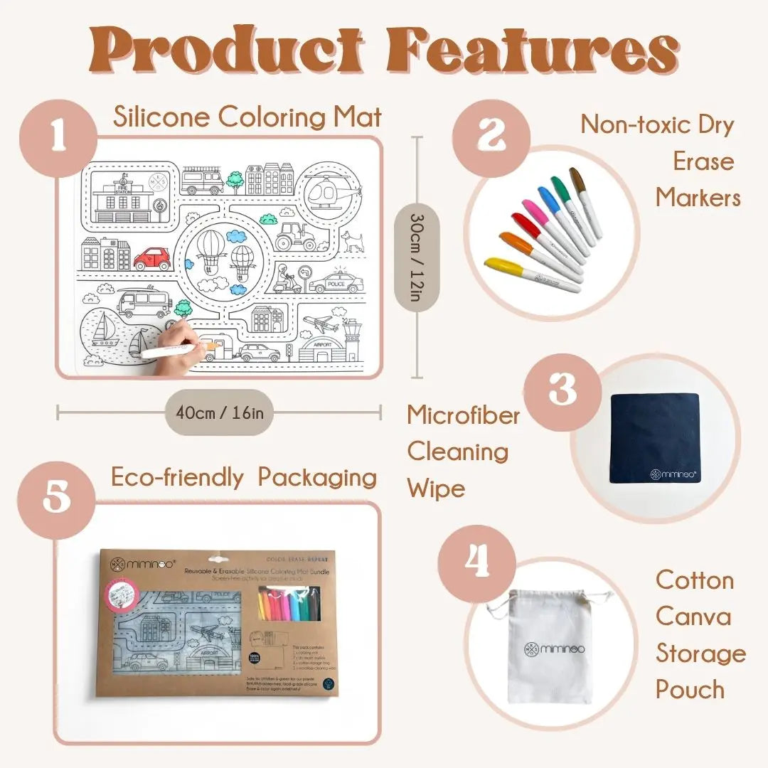 Silicone Reusable Coloring Mat & Markers Set - Roadmap