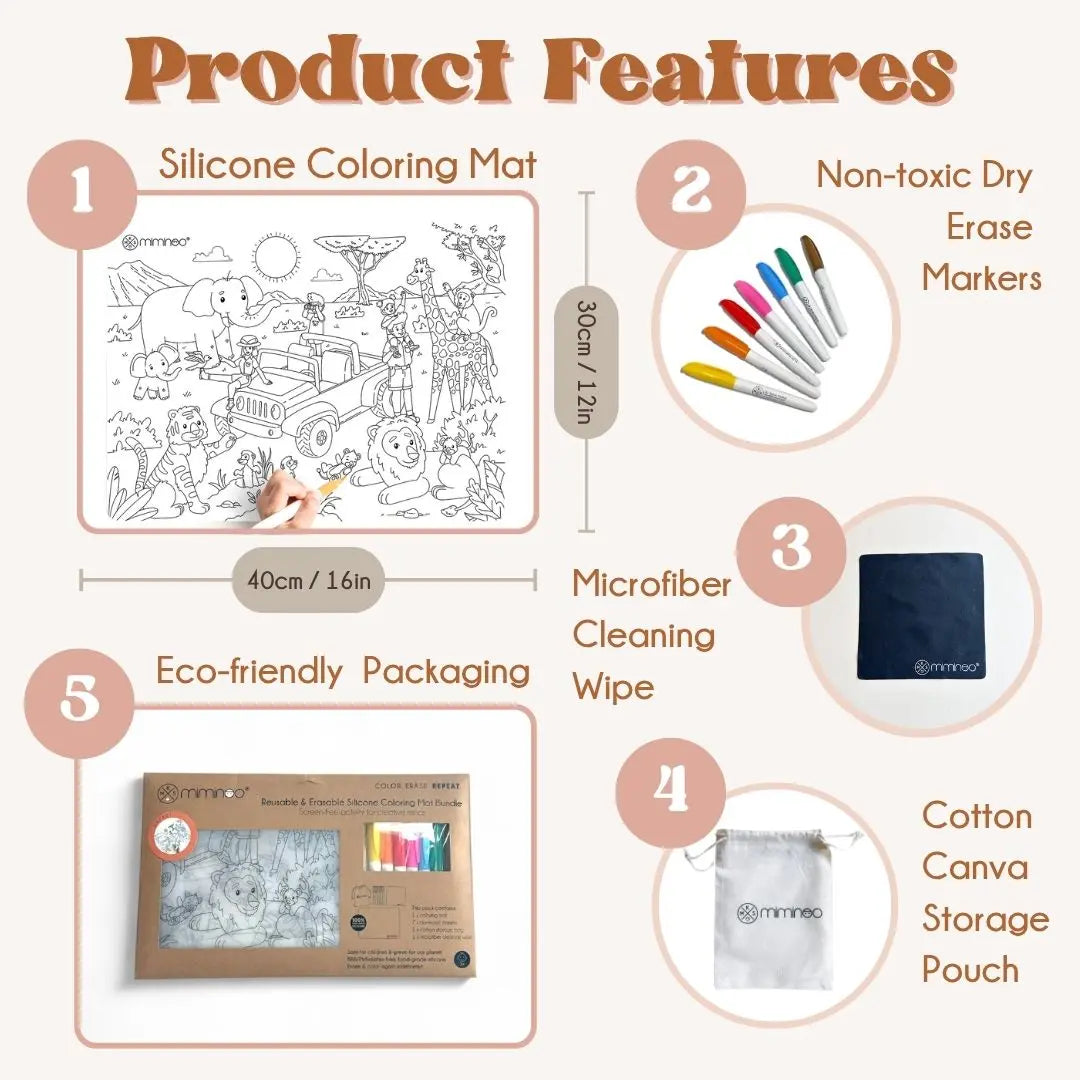 Silicone Reusable Coloring Mat & Markers Set - Safari