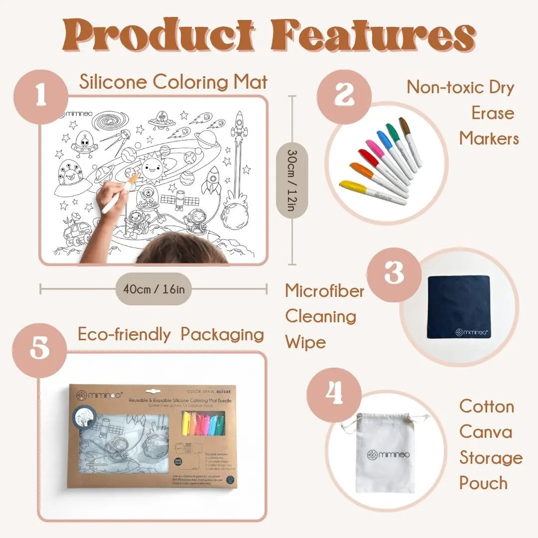 Silicone Reusable Coloring Mat & Markers Set - Space