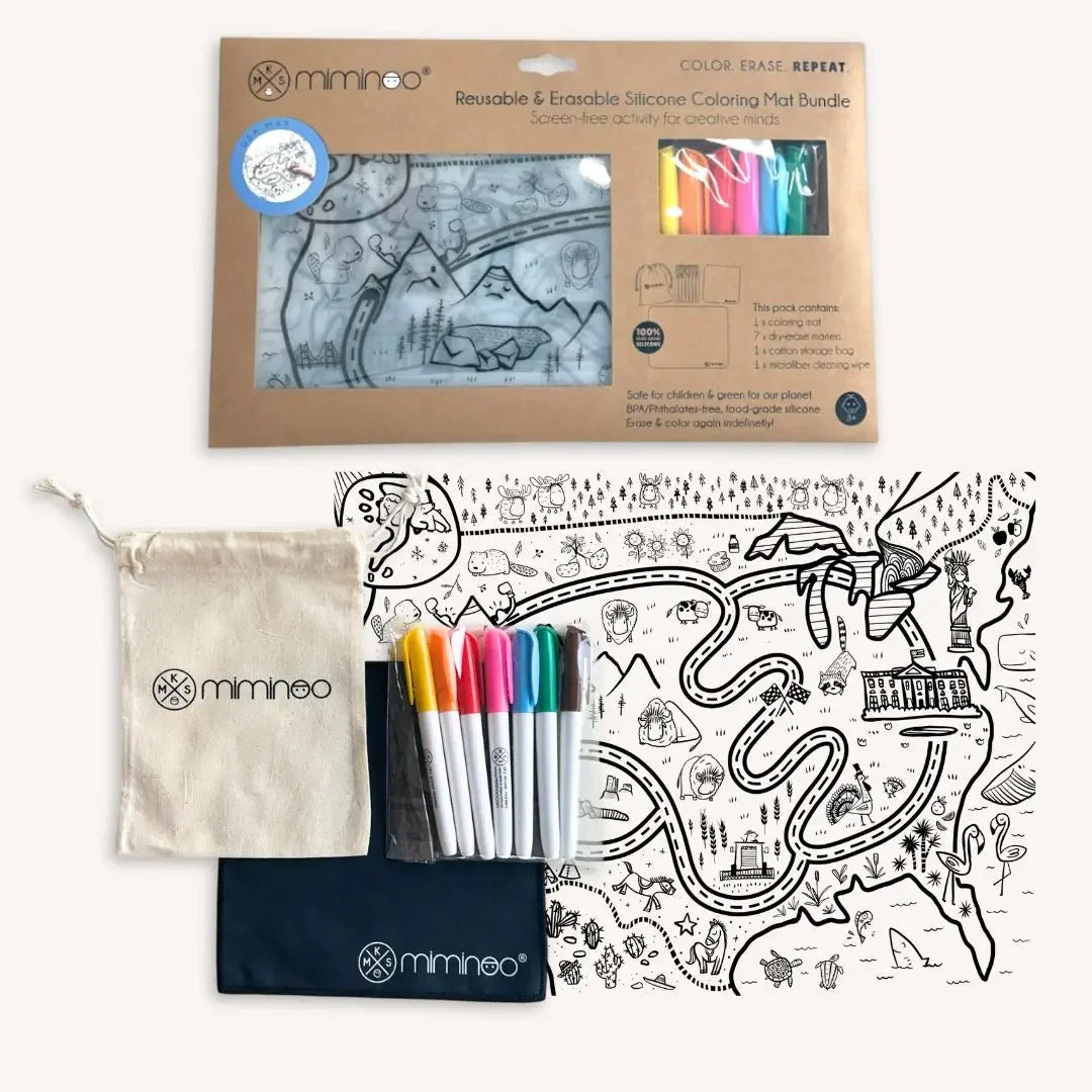 Silicone Reusable Coloring Mat & Markers Set - USA Map