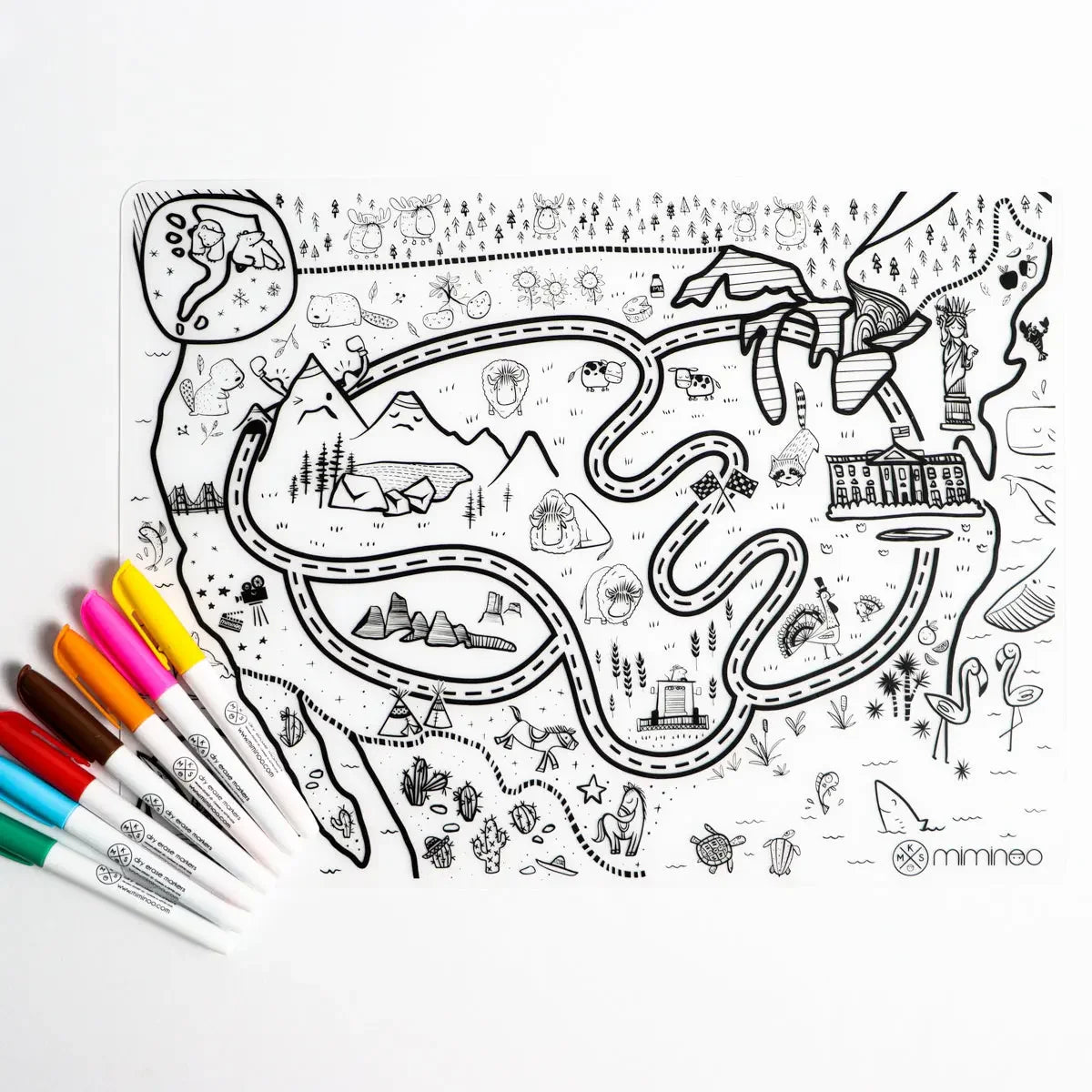 Silicone Reusable Coloring Mat & Markers Set - USA Map