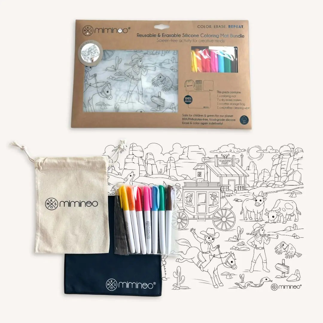Silicone Reusable Coloring Mat & Markers Set - Wild West