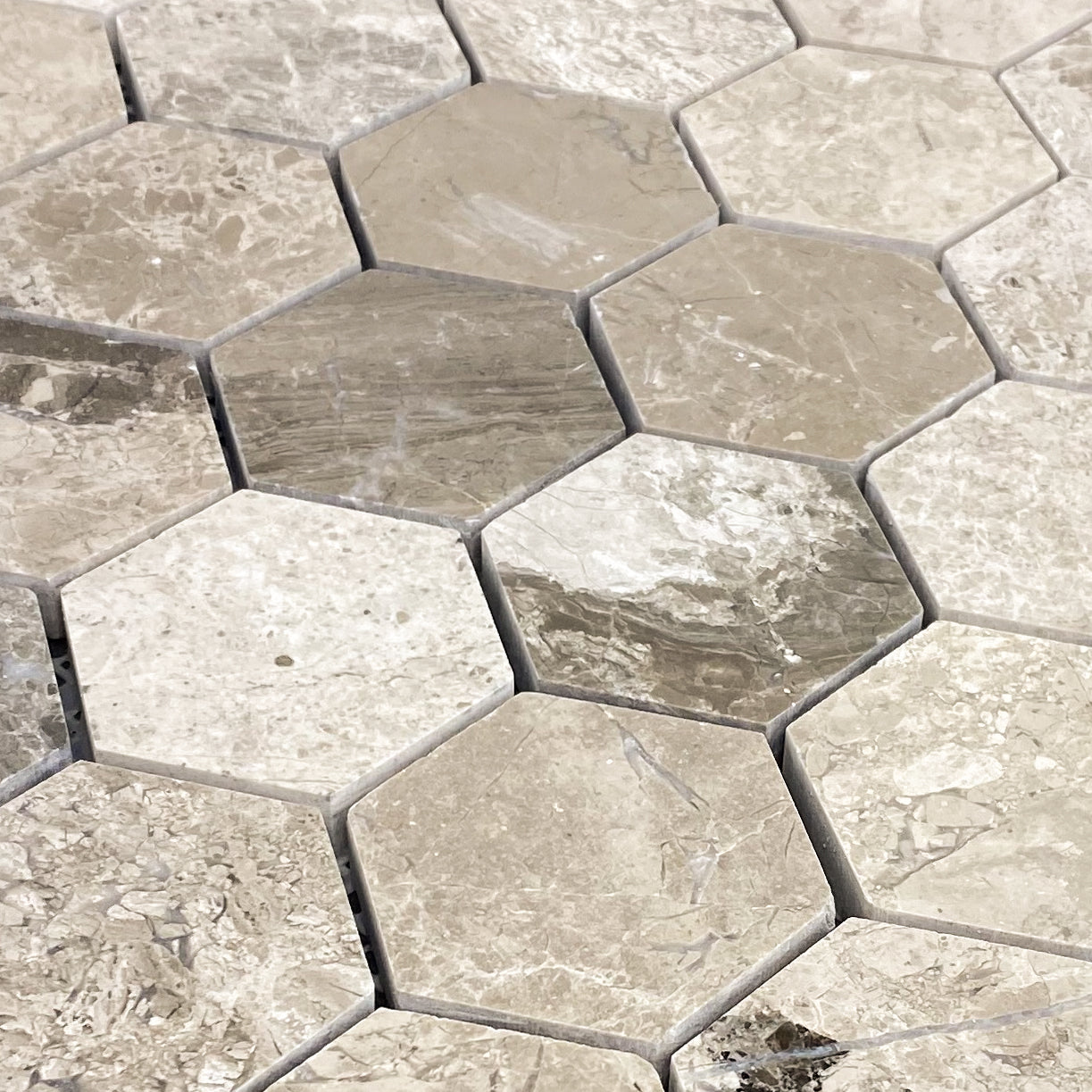 Silver Shadow Marble 2" Hexagon on 12" x 12" Mesh Mosaic Tile - Belair Collection