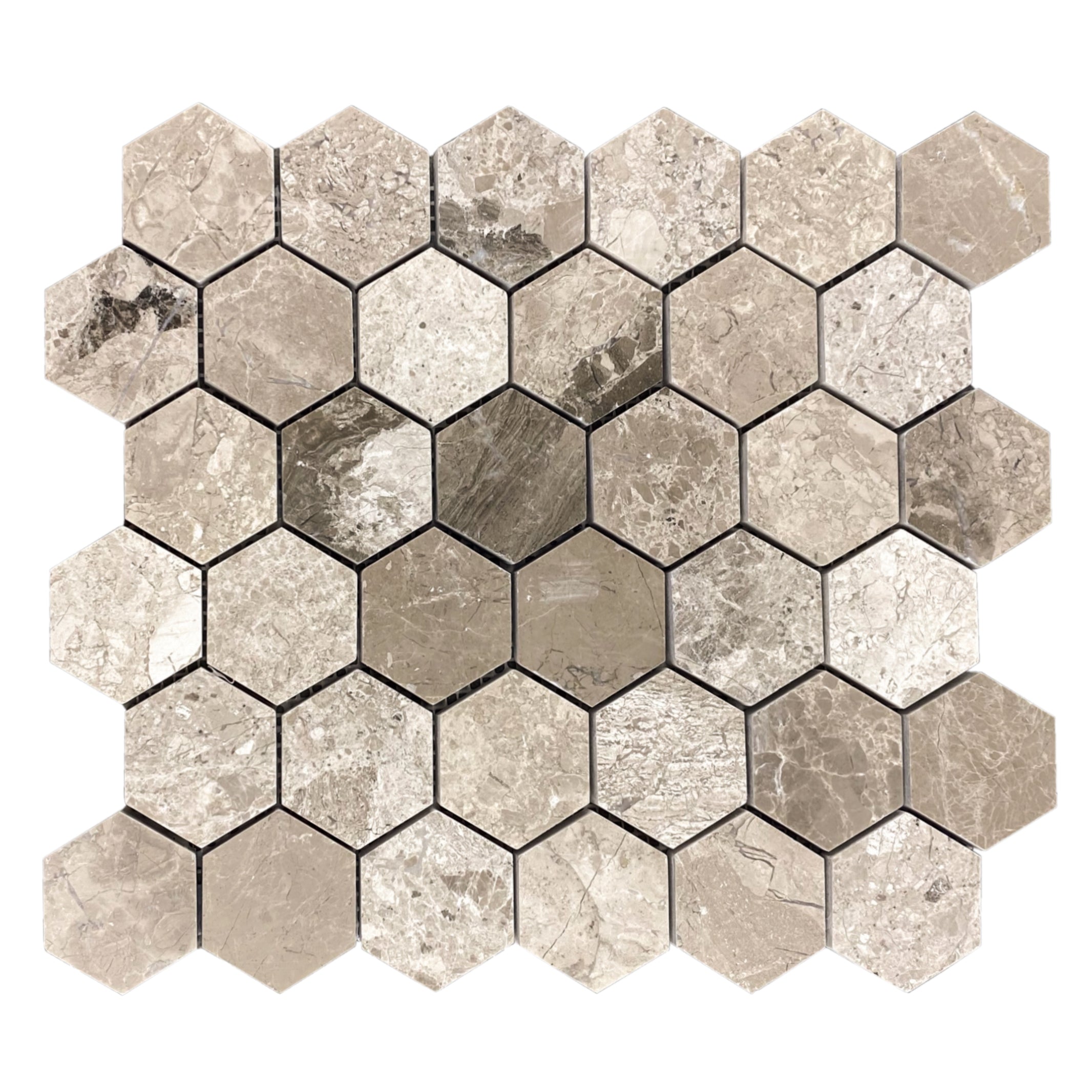 Silver Shadow Marble 2" Hexagon on 12" x 12" Mesh Mosaic Tile - Belair Collection