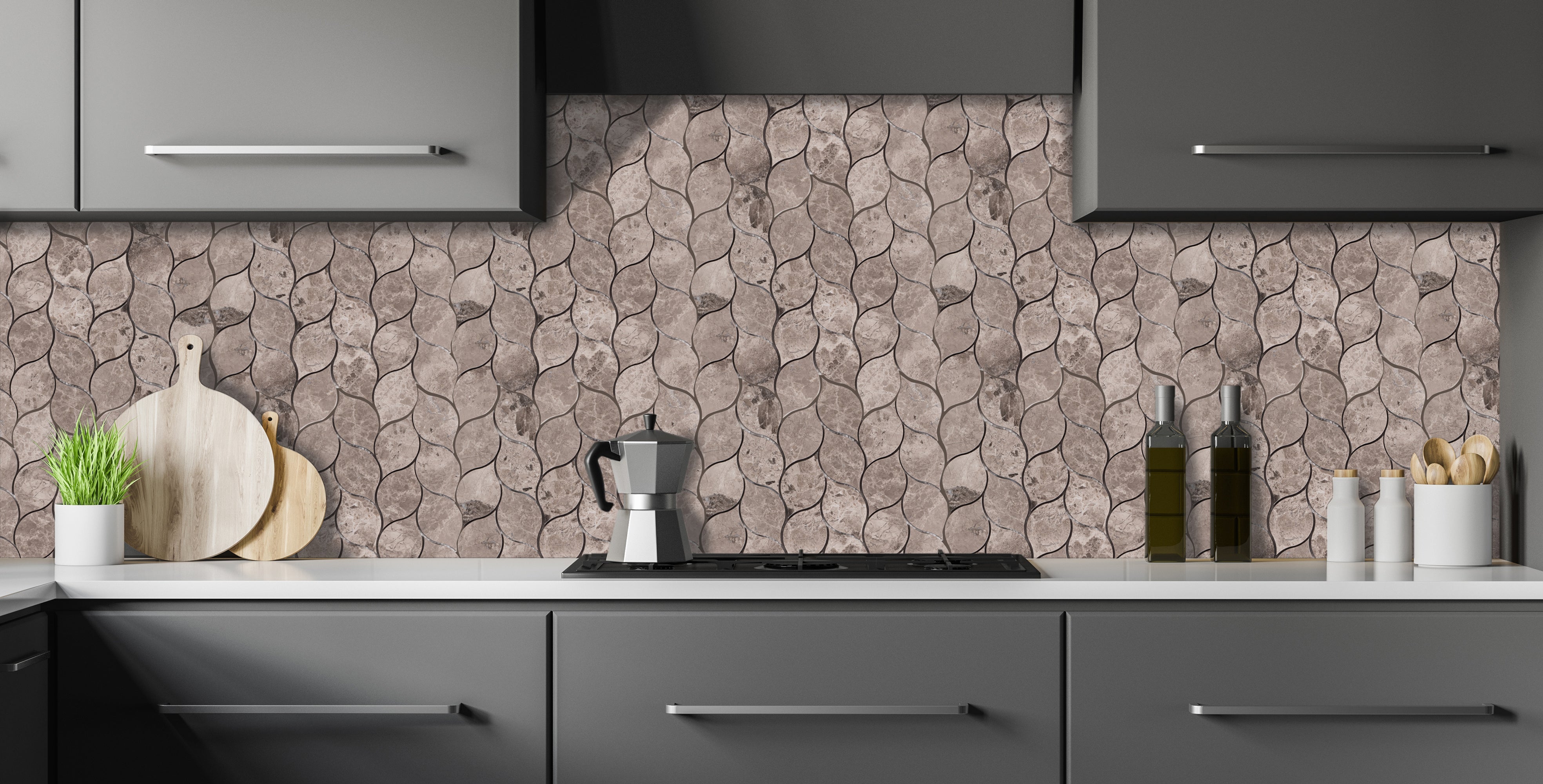 Silver Shadow Marble Leaf Design on 12" x 12" Mesh Mosaic Tile - Belair Collection