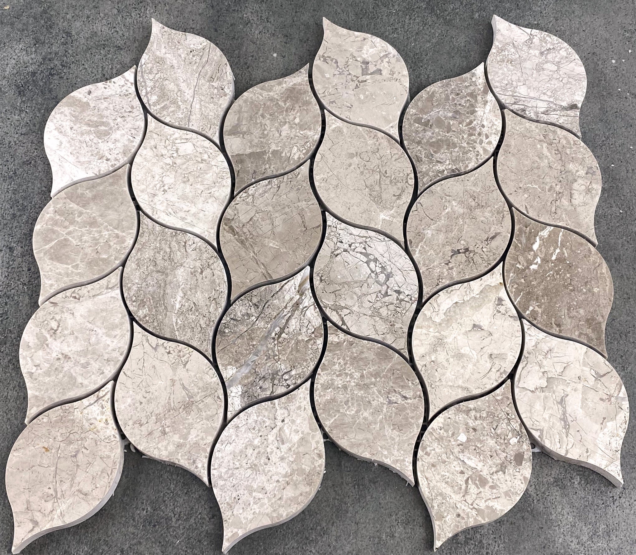 Silver Shadow Marble Leaf Design on 12" x 12" Mesh Mosaic Tile - Belair Collection