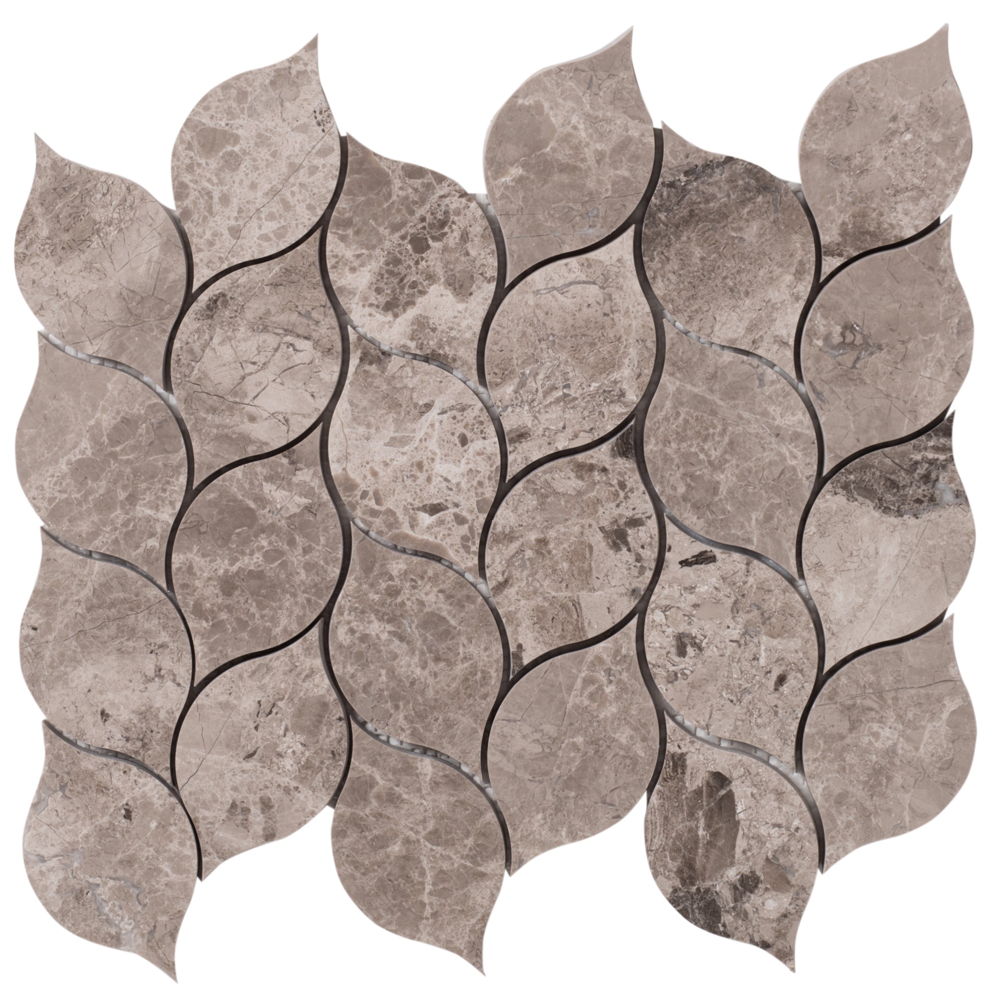 Silver Shadow Marble Leaf Design on 12" x 12" Mesh Mosaic Tile - Belair Collection