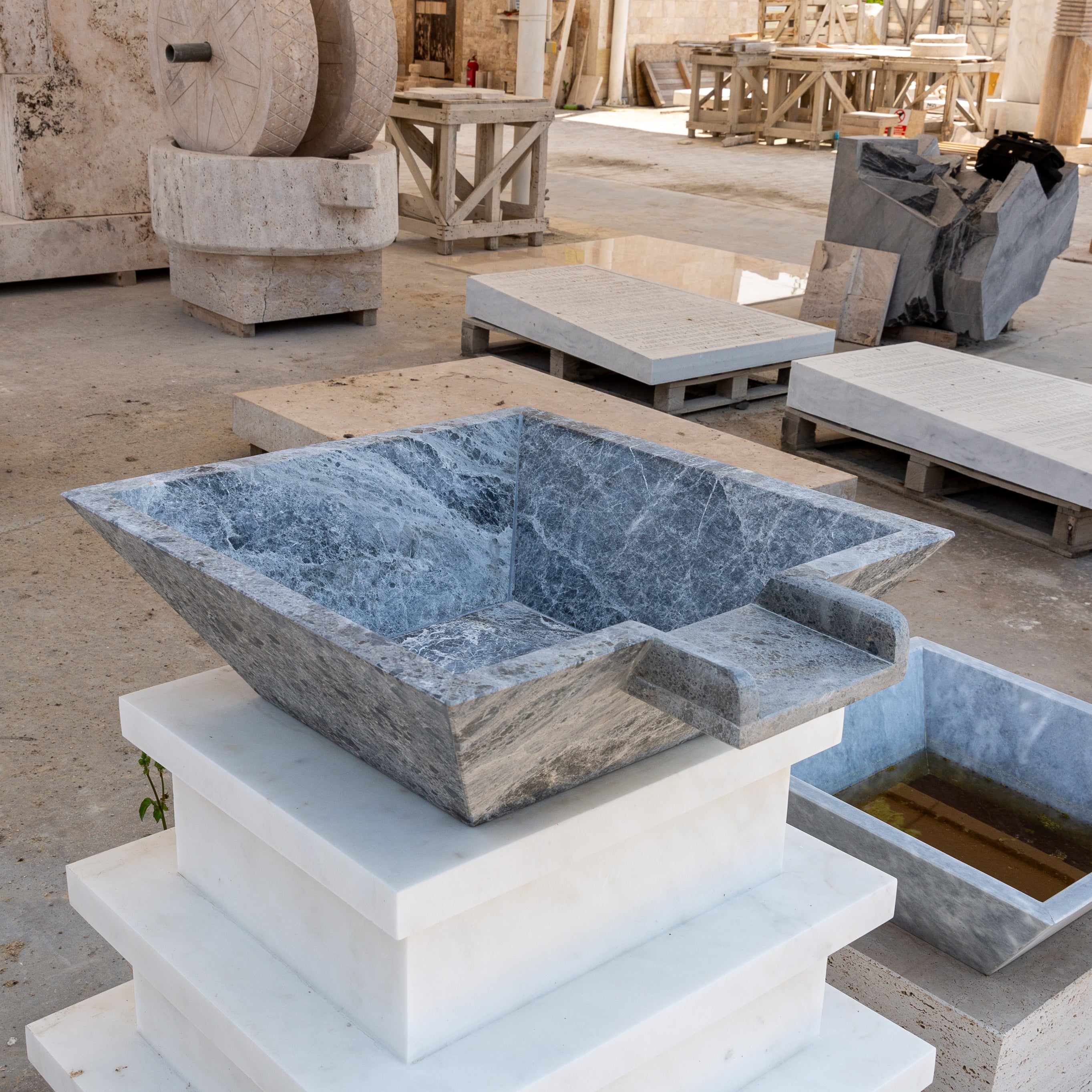 Silver Shadow Marble Natural Stone Pool Square Cascade Water Bowl - Belair Collection