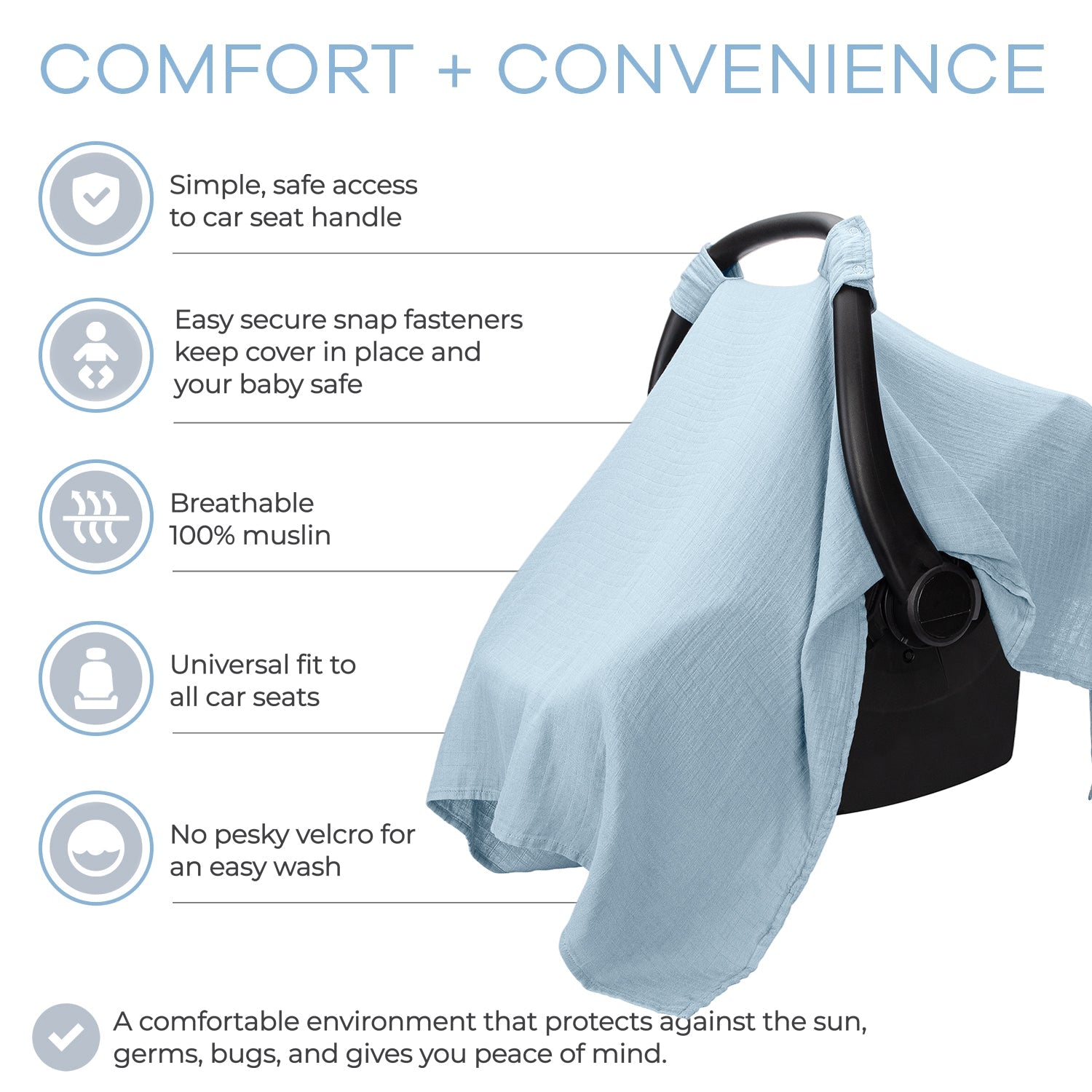 Muslin Baby Car Seat Cover by Comfy Cubs - Sky Blue