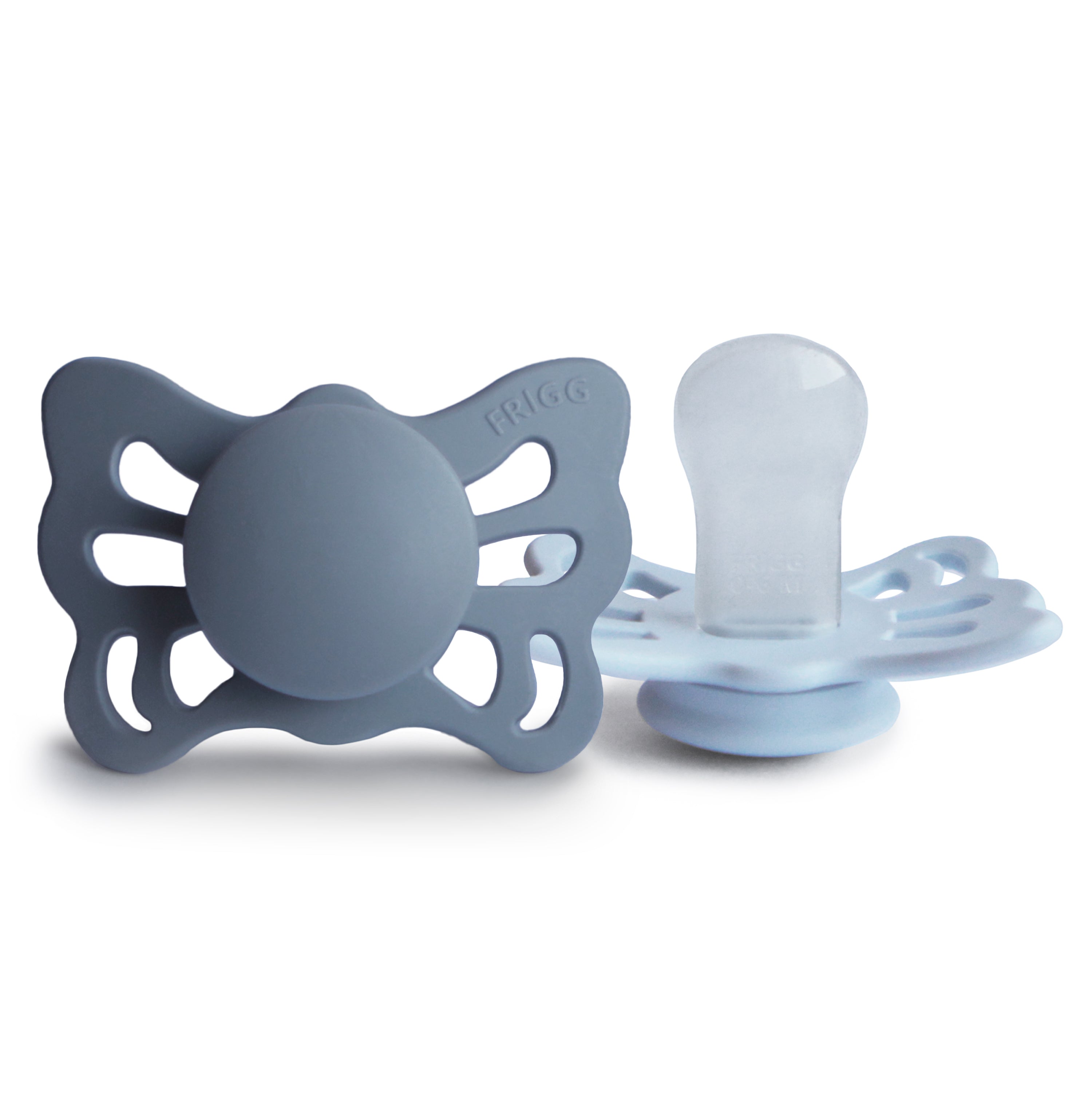 FRIGG Butterfly Anatomical Silicone Pacifier 2-Pack (0-6 Months) FRIGG PACIFIERS Mushie Slate/Powder Blue  