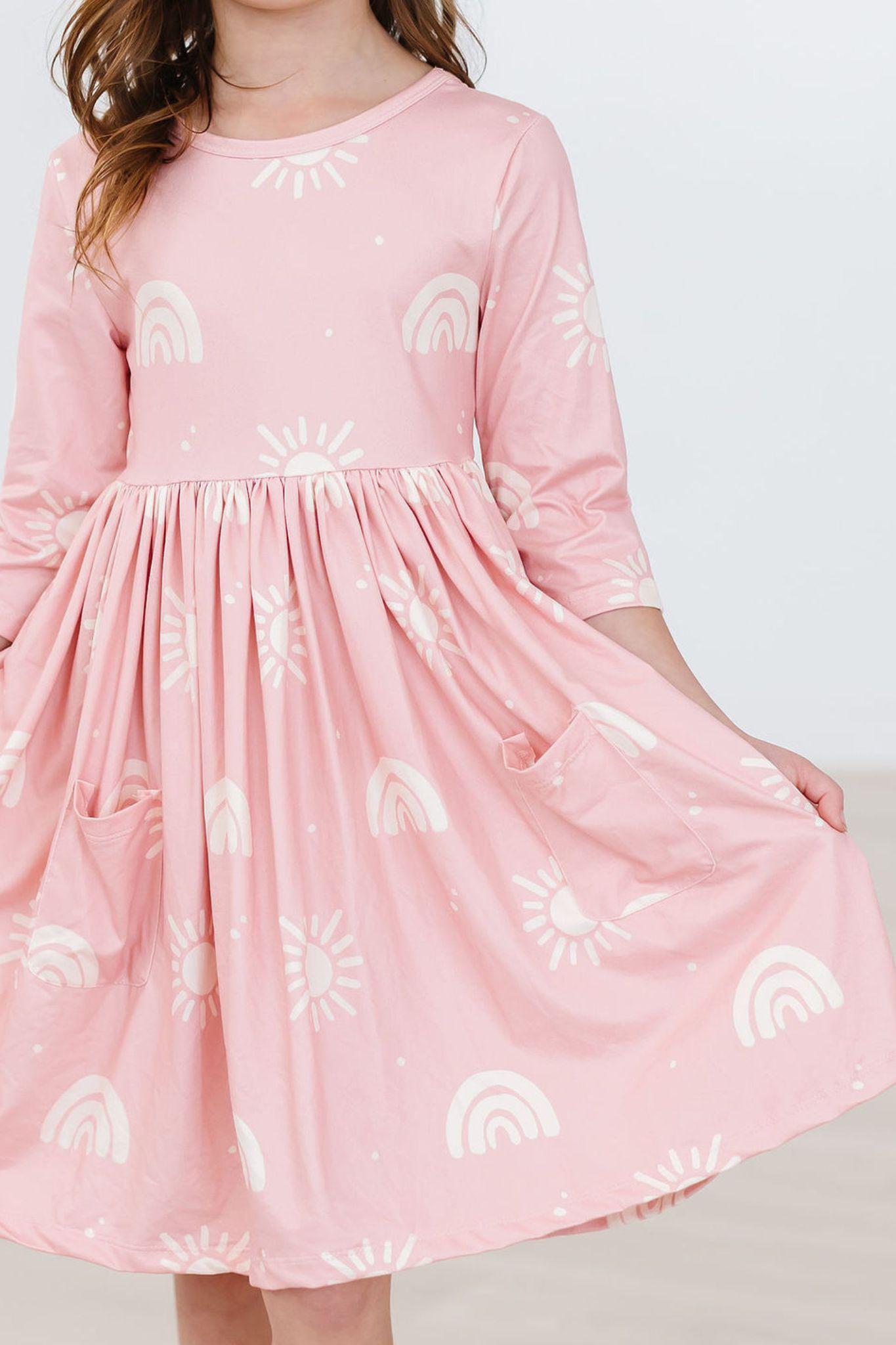 SALE Soft Pink Suns 3/4 Sleeve Pocket Twirl Dress