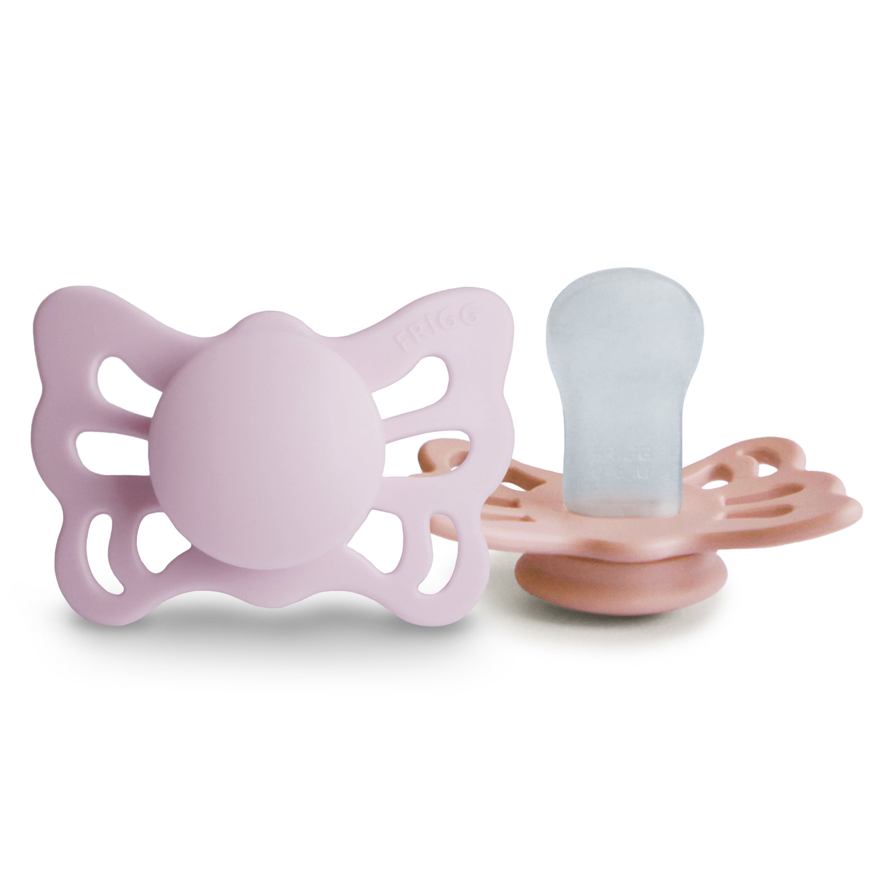 FRIGG Butterfly Anatomical Silicone Pacifier 2-Pack (0-6 Months) FRIGG PACIFIERS Mushie Soft Lilac/Pretty in Peach  