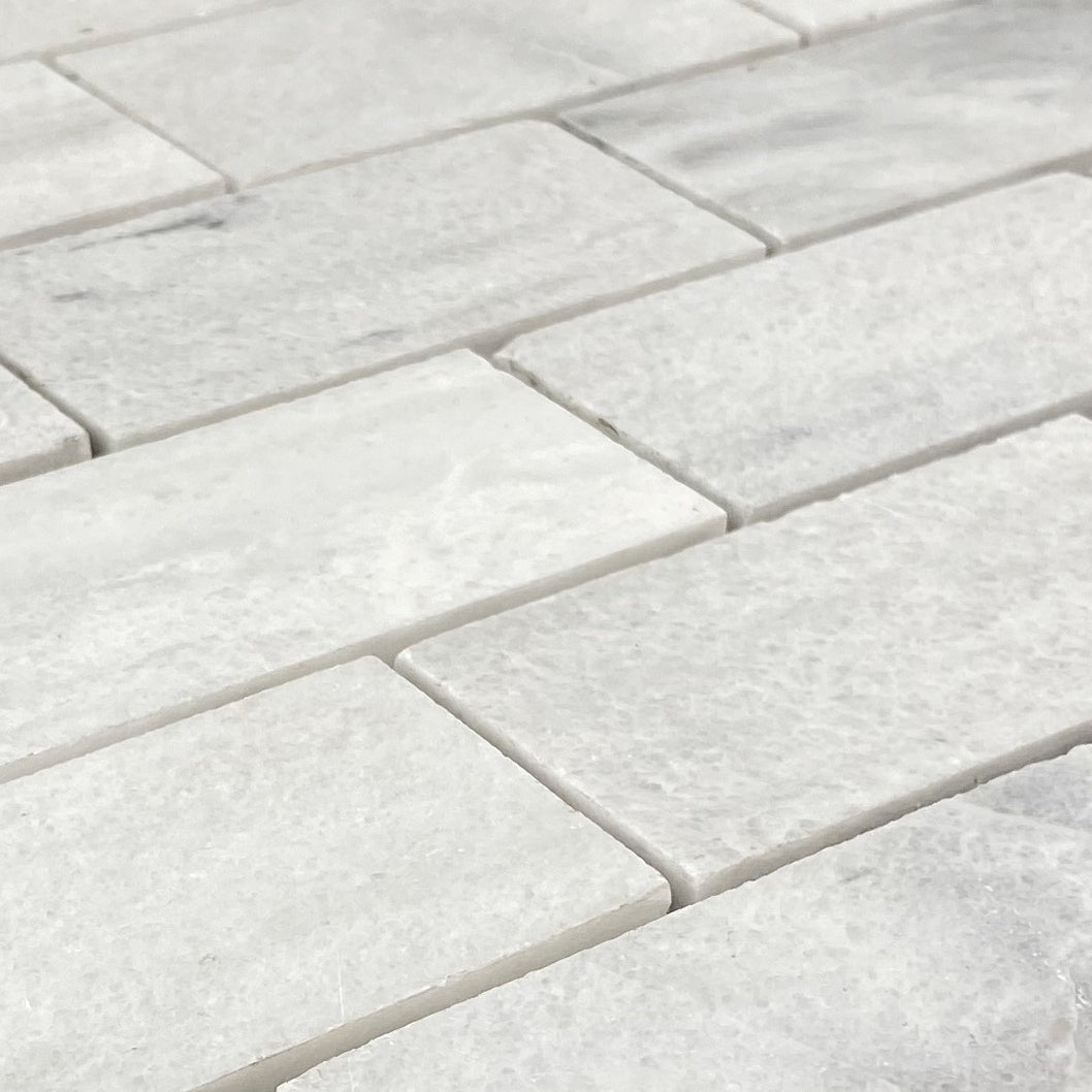 Solto White Marble 2"x4" Brick Honed on 12" x 12" Mesh Mosaic Tile - Belair Collection