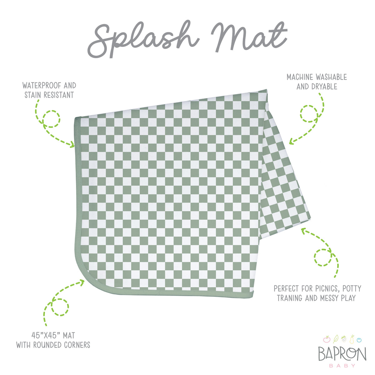 Sage Checkerboard Splash Mat  - A Waterproof Catch-All for Highchair Spills and More!