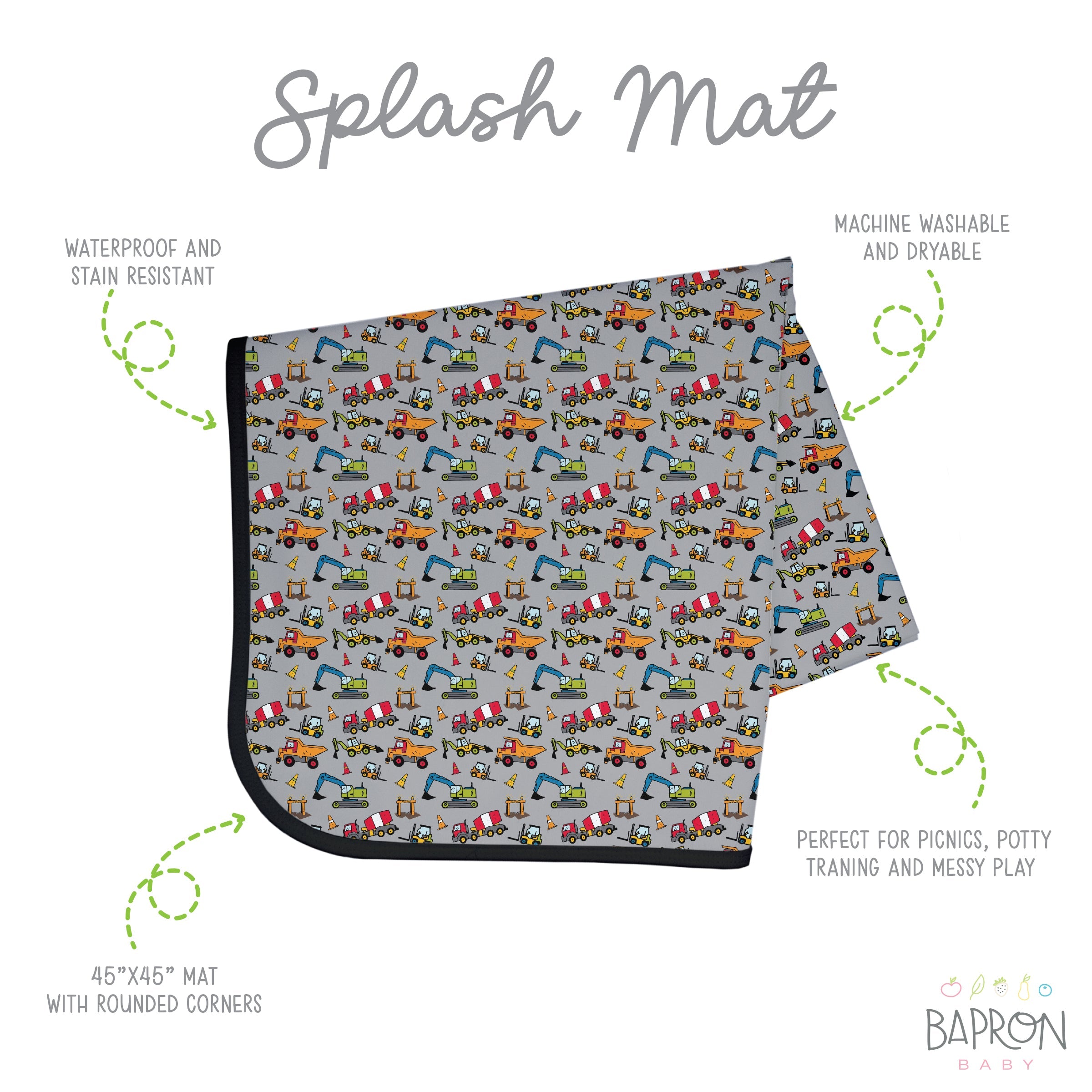 Construction Zone Splash Mat - A Waterproof Catch-All for Highchair Spills and More!  BapronBaby   