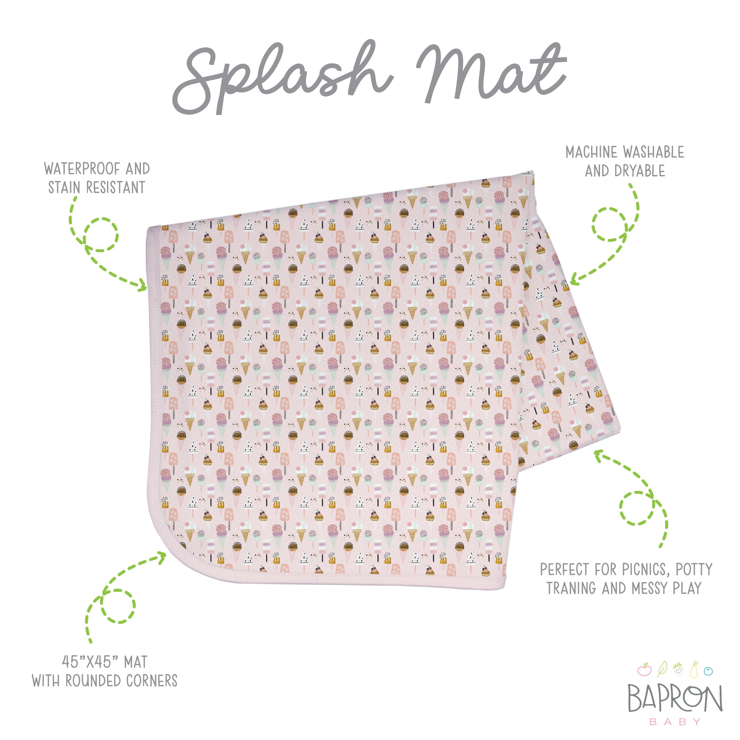 Pink Ice Cream Splash Mat - A Waterproof Catch-All for Highchair Spills and More!  BapronBaby   