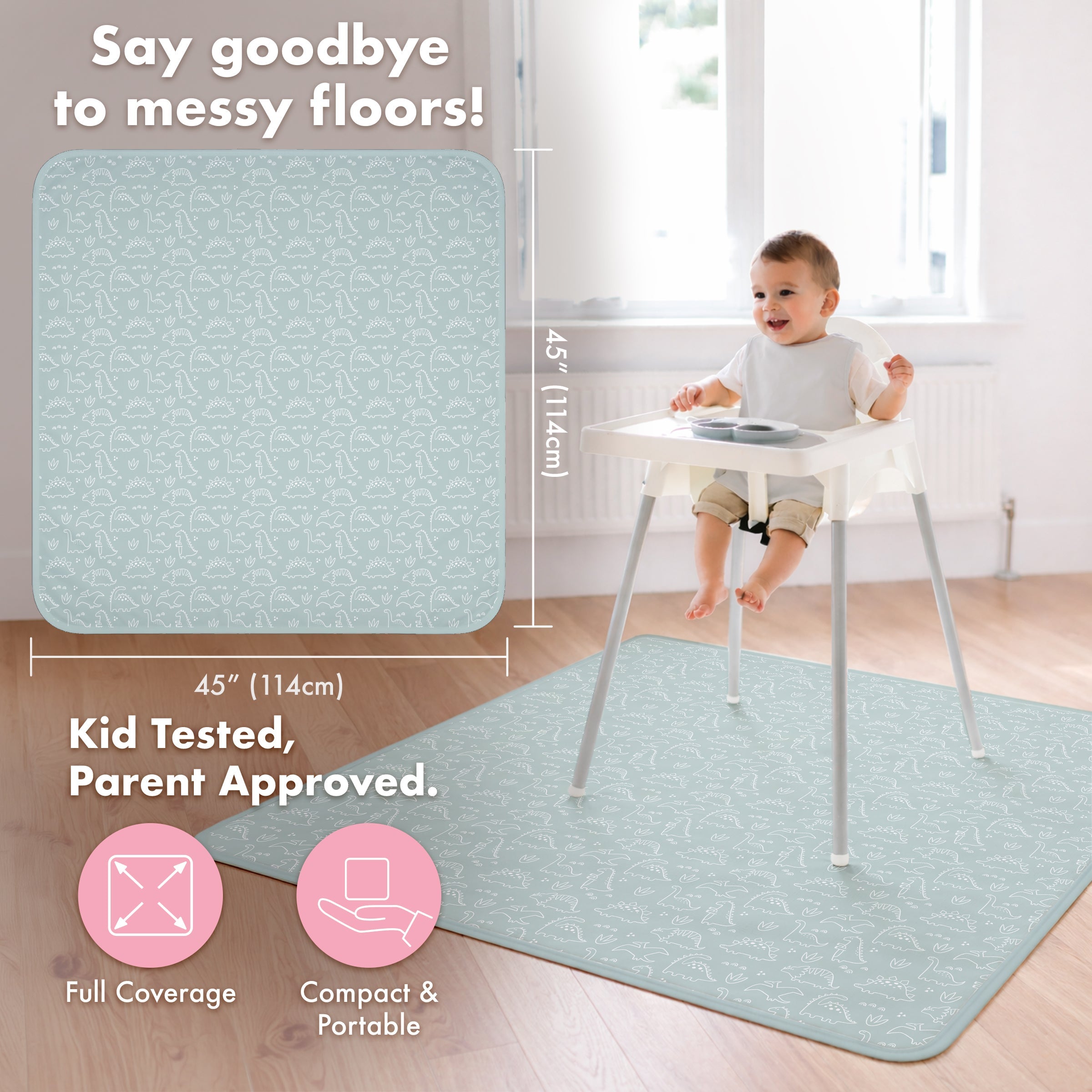 Dino Friends - Sage Splash Mat - A Waterproof Catch-All for Highchair Spills and More!