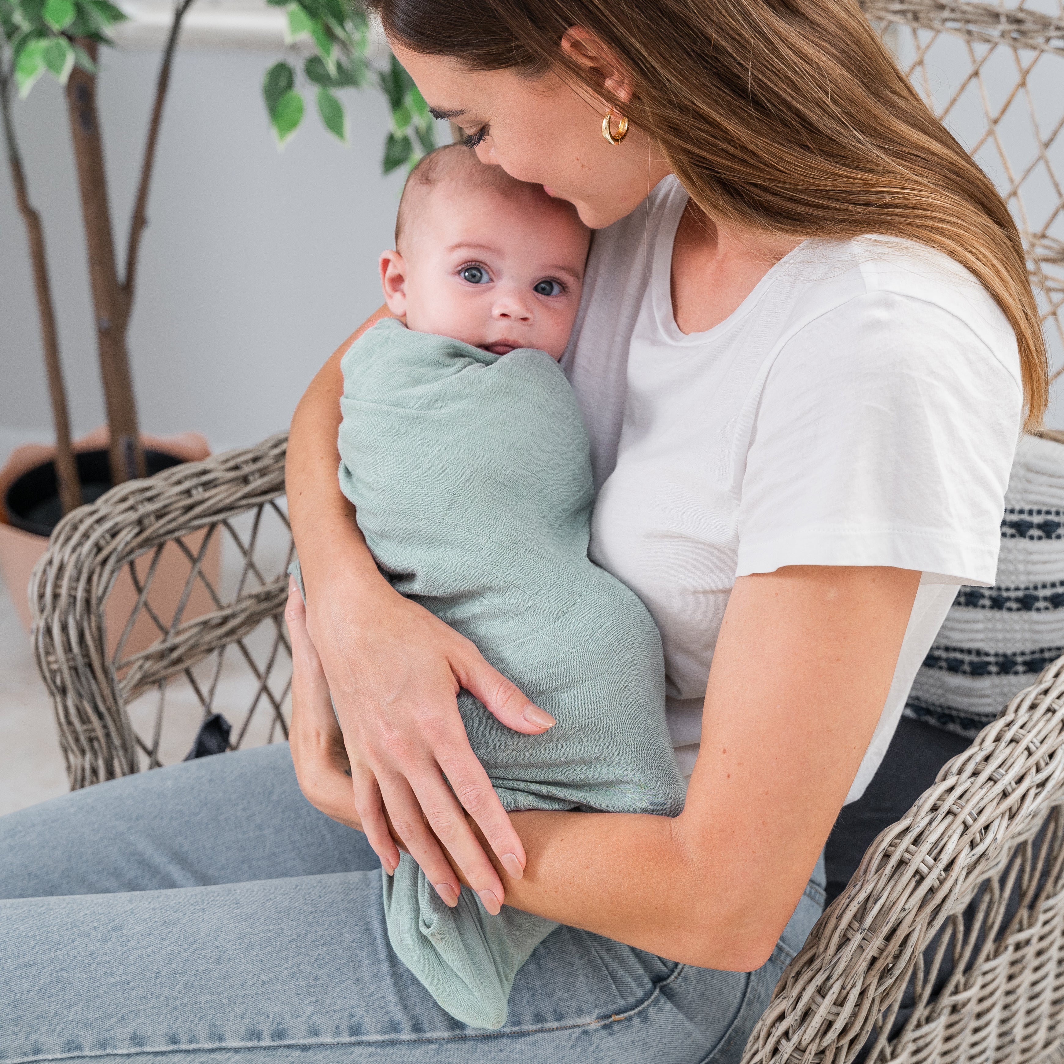 Muslin Swaddle Blanket, 2 Pack by Comfy Cubs - Pacific Blue & Fern