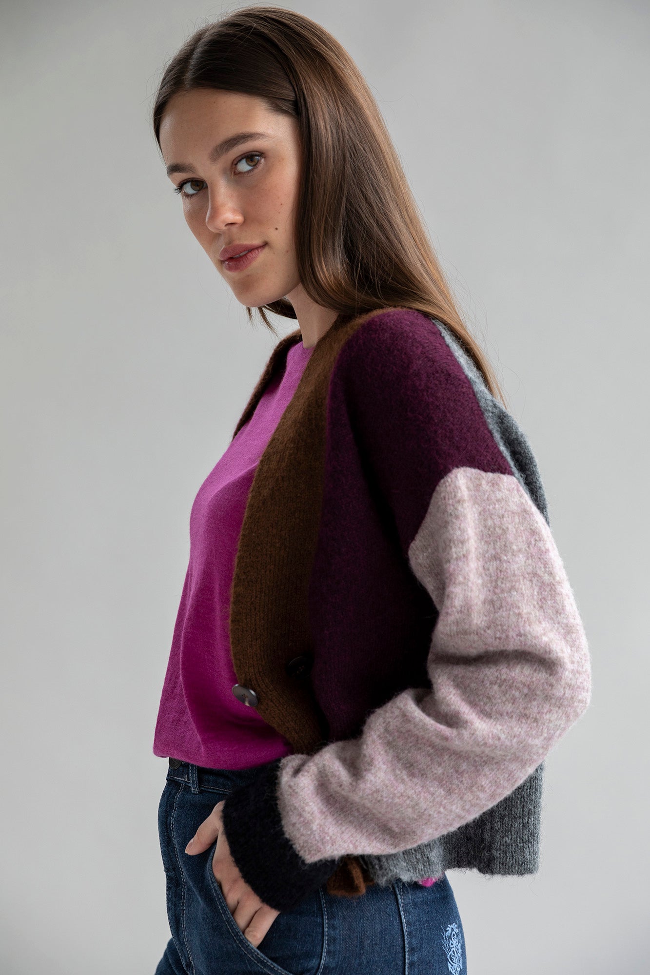 Color Block Cardi - Aubergine Multi
