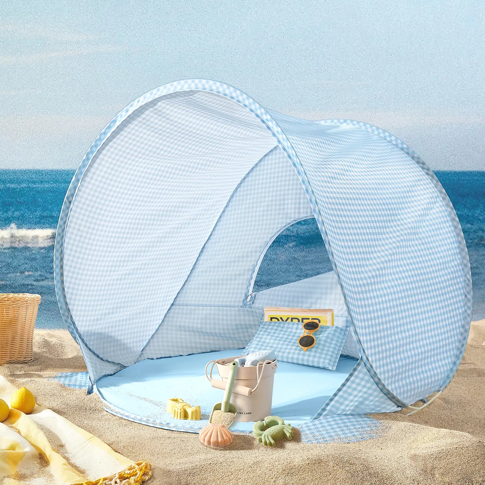 Tiny Land® One-Stop Beach Toy & Tent Set – Light Blue Gingham