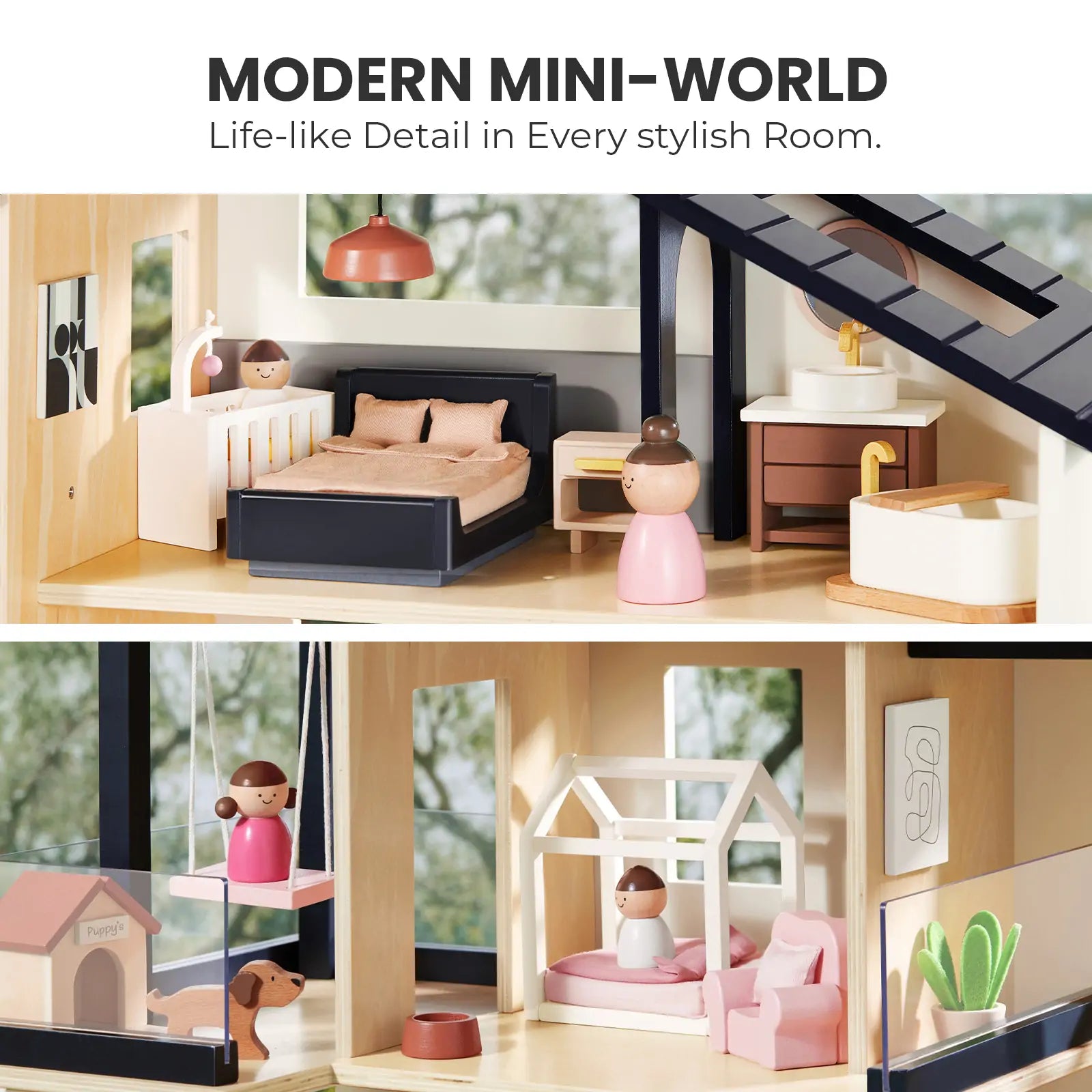 Sweet Family Gift Set: Black Dollhouse & Dollhouse Garage & Extra Dolls Set