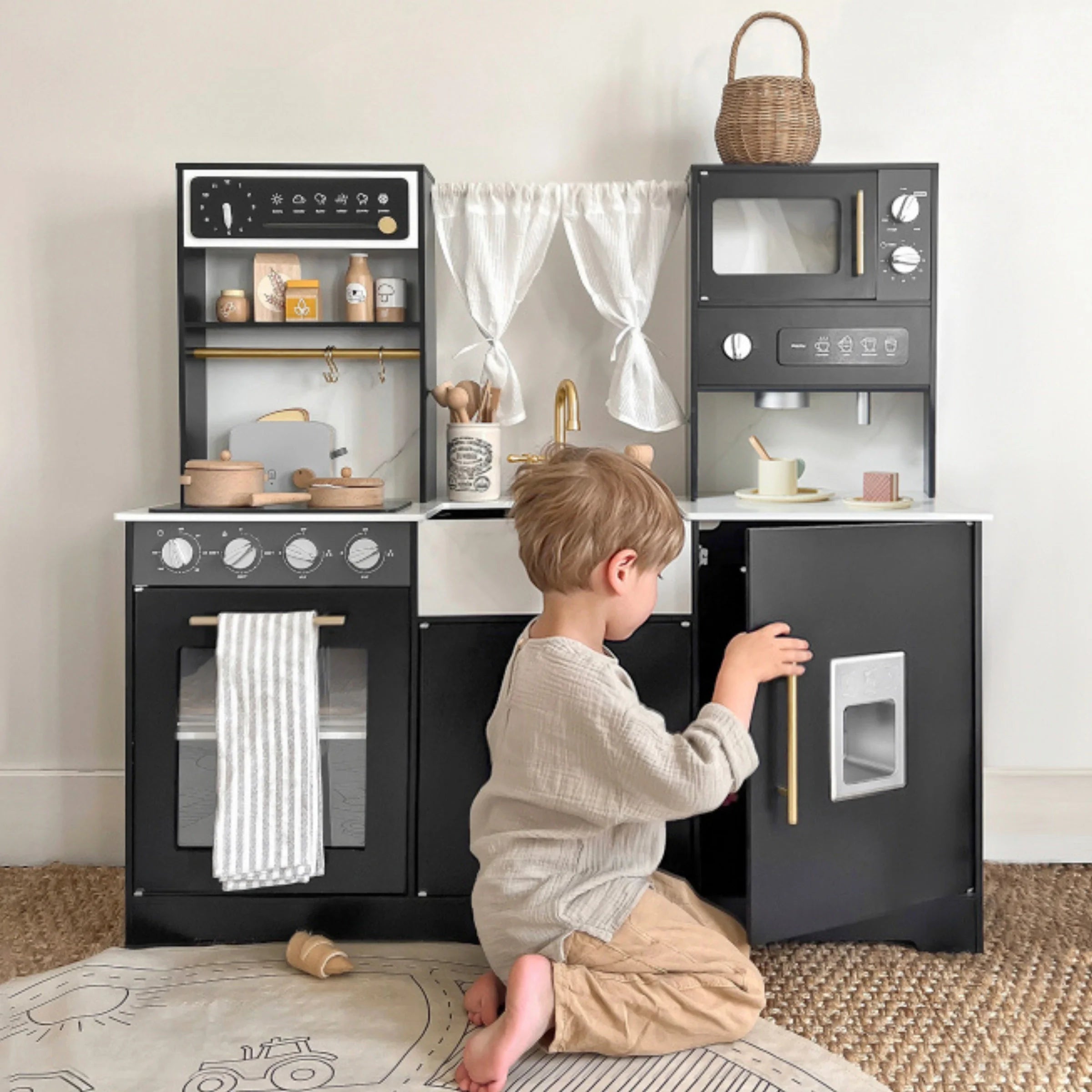Tiny Land® Iconic Wooden Play Kitchen – Black Pretend Cooking Set for Kids