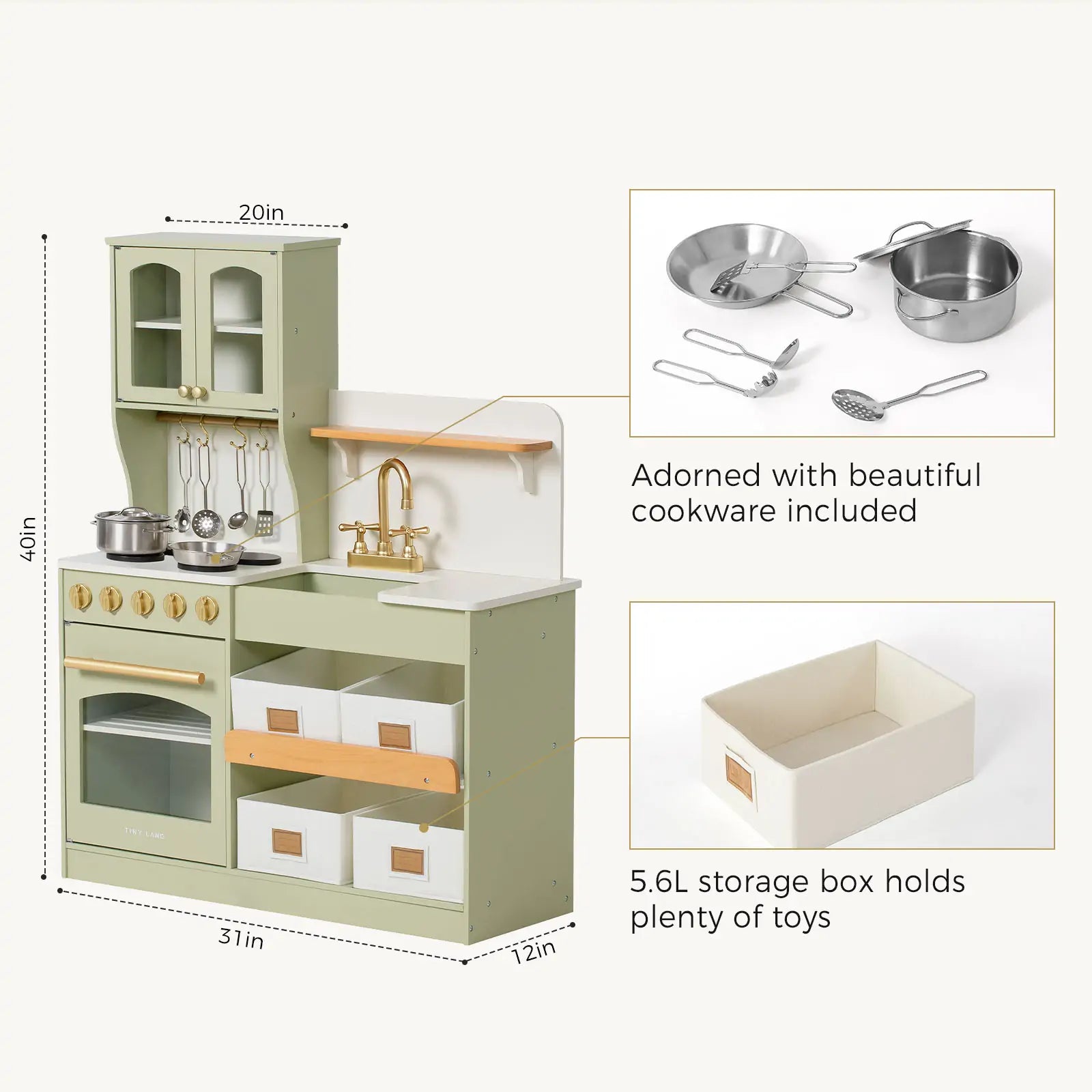 Tiny Land® Pretend Play Kitchen for Toddlers - Serenity Wooden Kitchen – Green