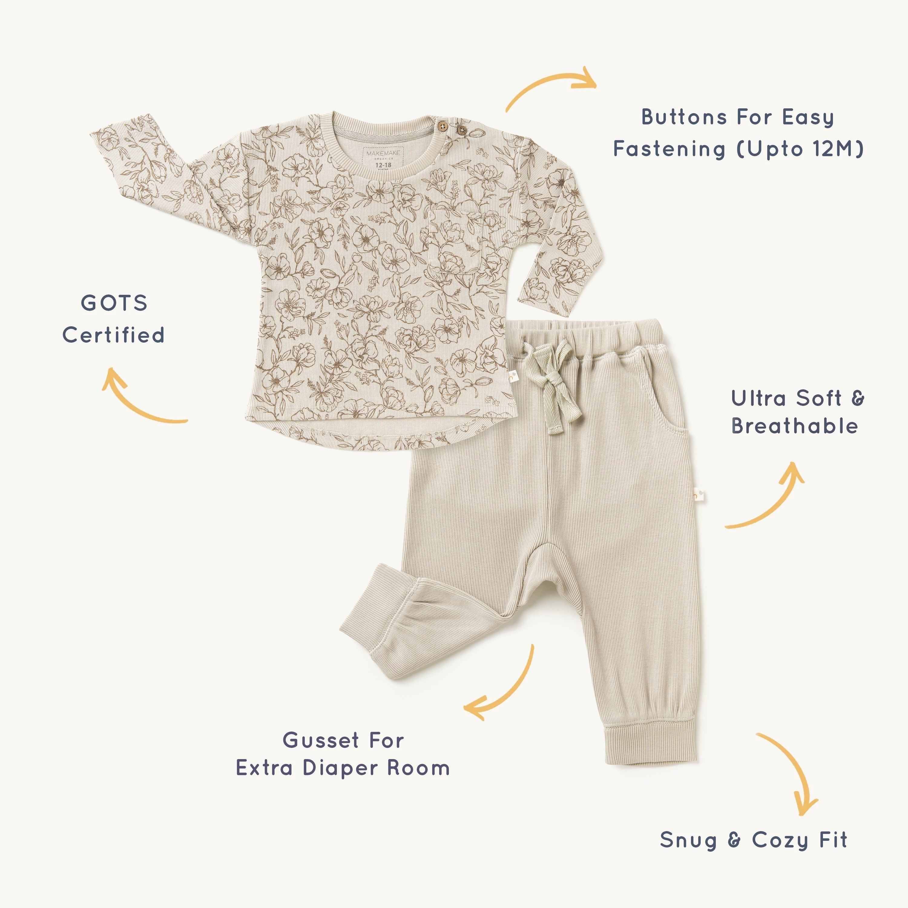 Organic Toddler T-shirt & Pant Set - Vintage Bloom Tee & Pant Set Makemake Organics   