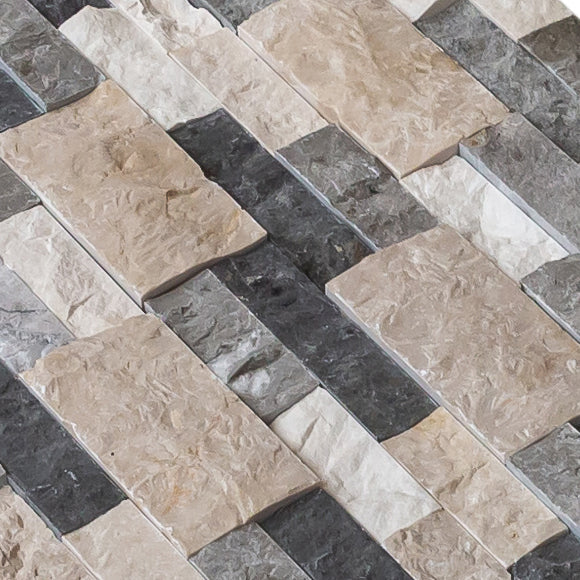 Tundra Gray Mix Ledger 3D Panel 6"x24" Split-face Natural Marble Wall Tile - Belair Collection